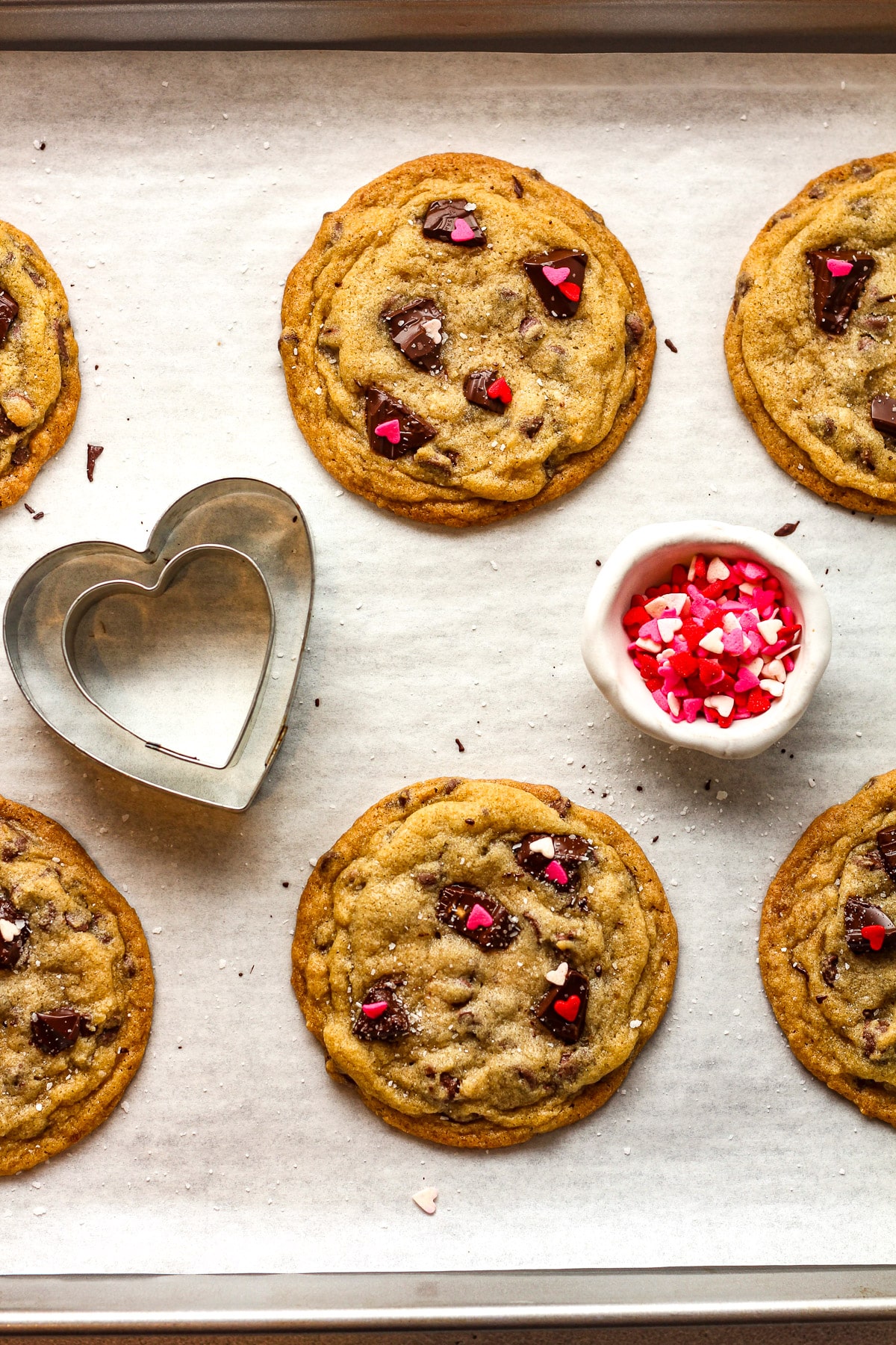 A pan of the baked chocolate chip cookies.