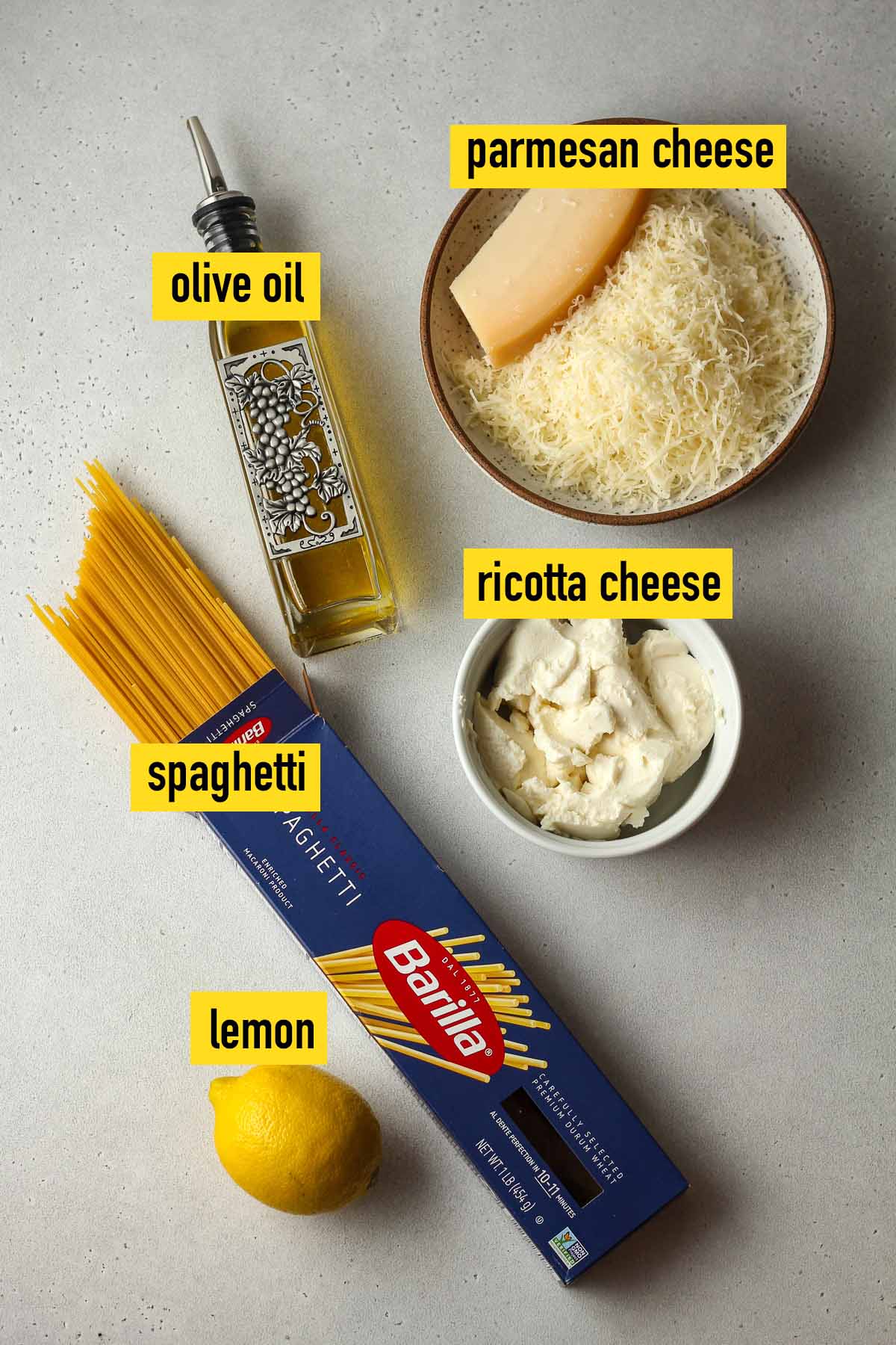 Labeled ingredients for lemon ricotta pasta.