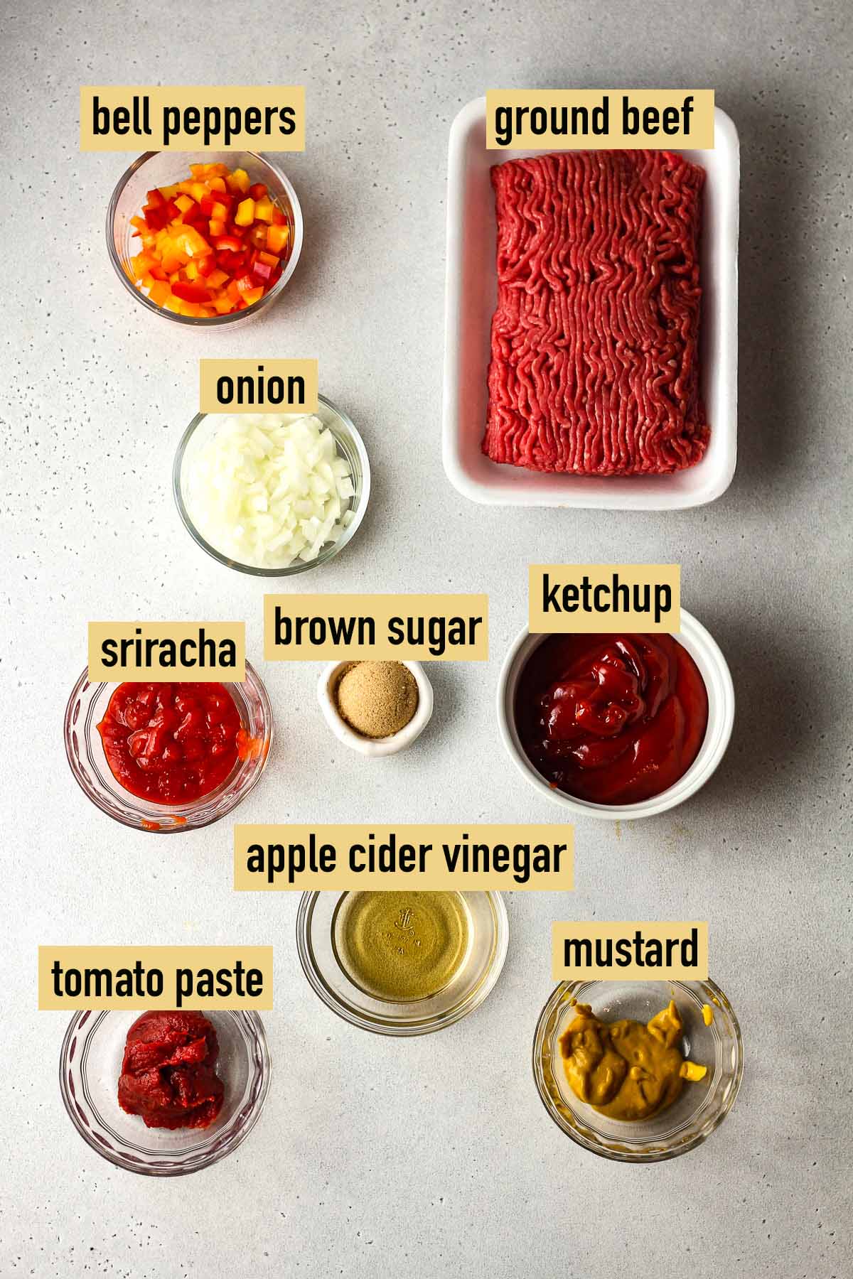 The labeled ingredients for spicy sloppy joes.