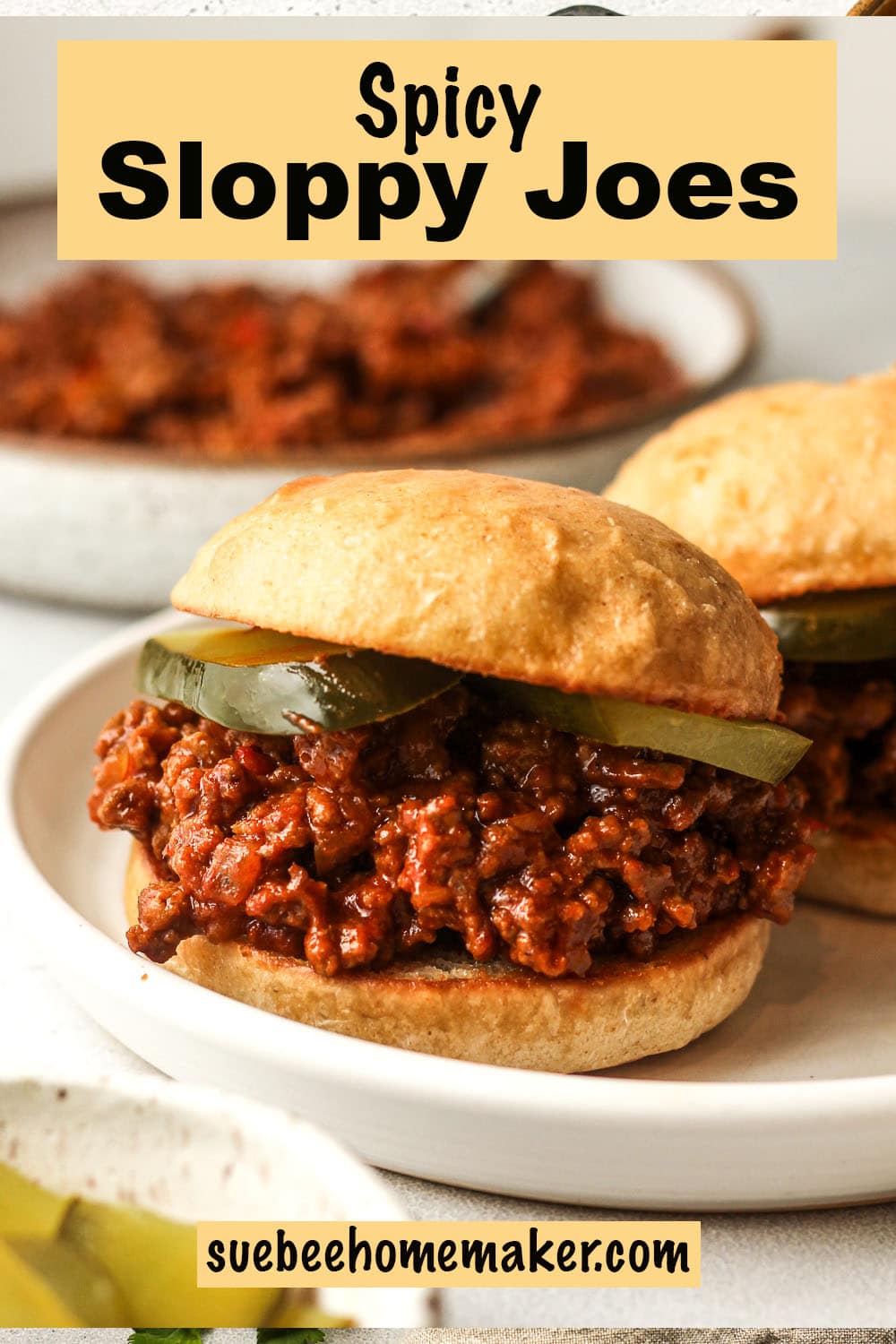 Side view of aa plate of two spicy sloppy joes with dill pickles.