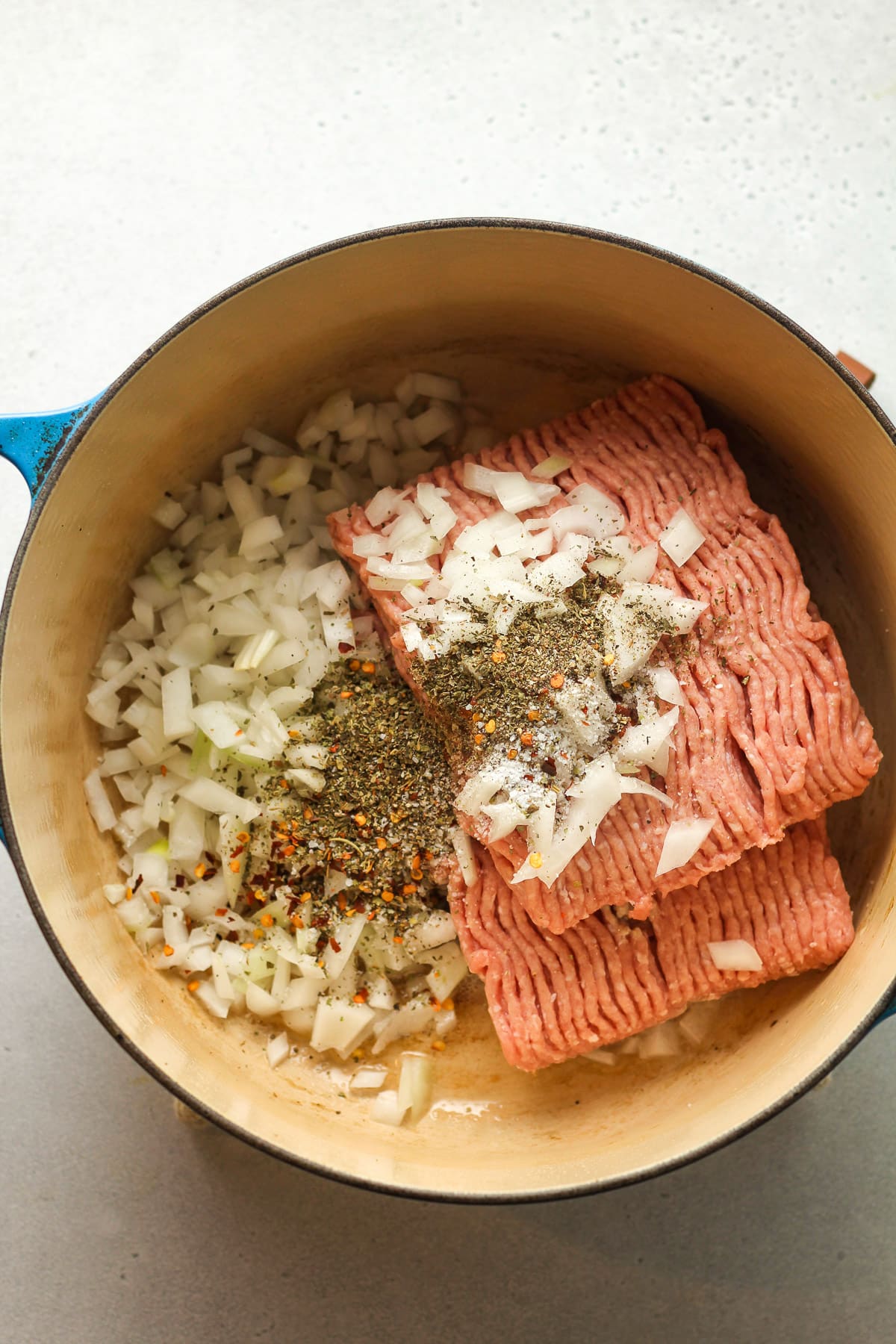 A pot of the raw ground turkey, onions, and seasonings.