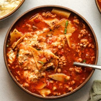 A bowl of turkey lasagna soup with cheese mixed in.