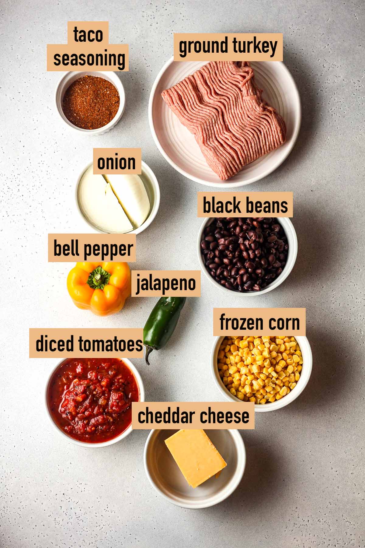 Labeled ingredients for turkey taco skillet.