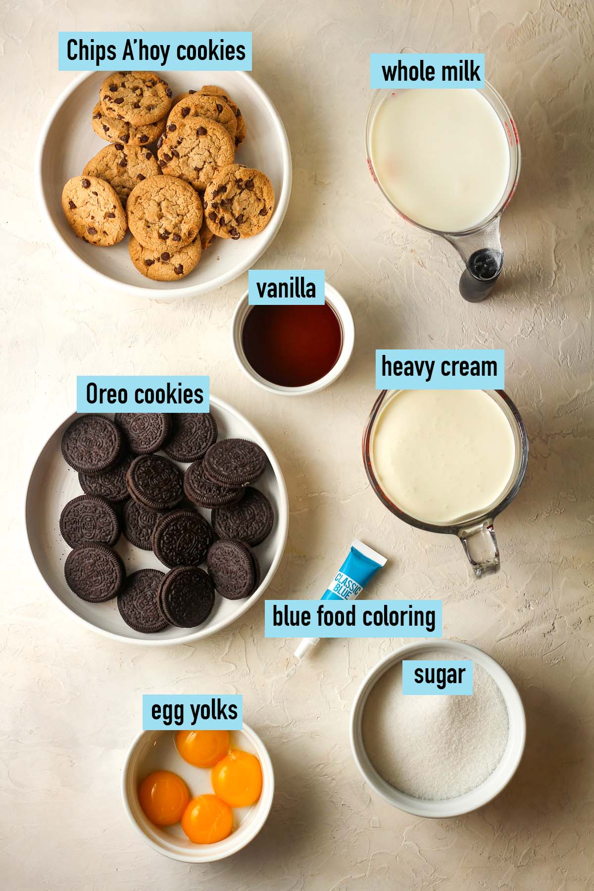 Labeled ingredients for Cookie Monster ice cream.