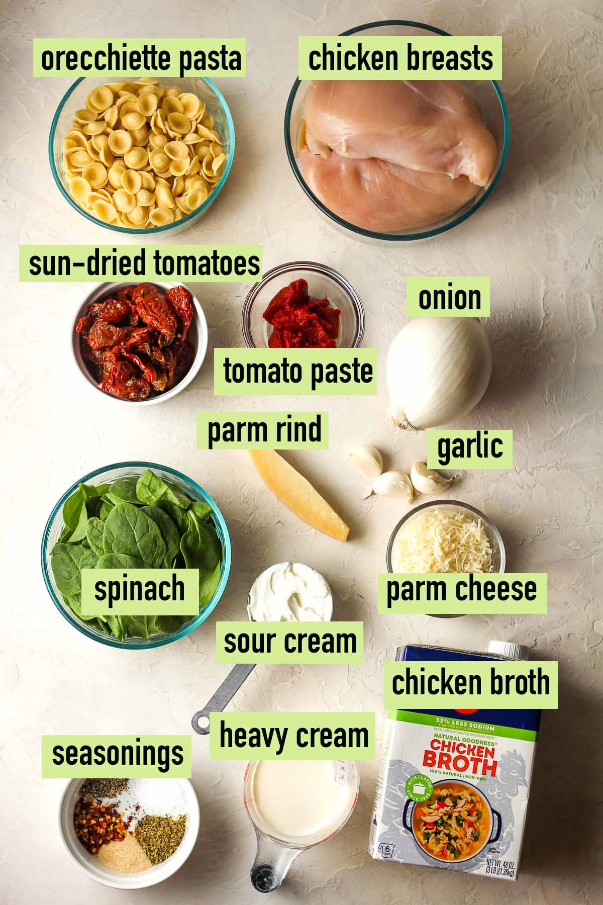 The labeled ingredients for marry me chicken soup.