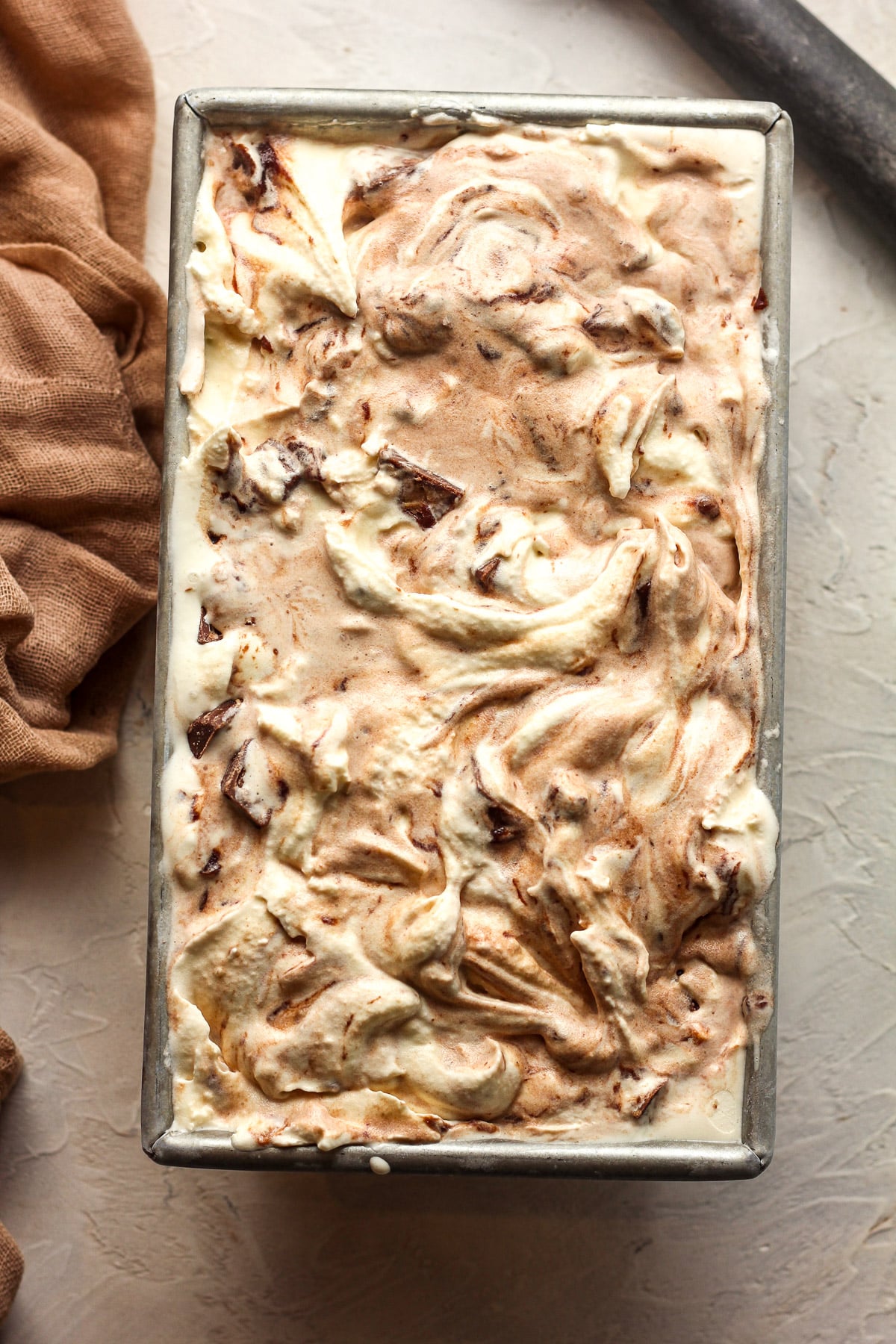 A rectangular pan of moose tracks ice cream.