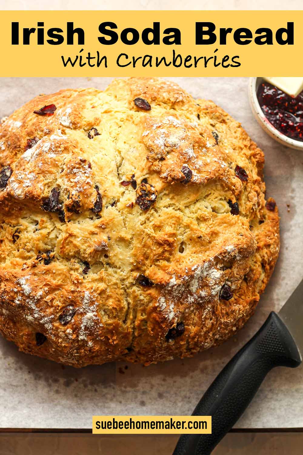 A loaf of Irish soda bread with cranberries.