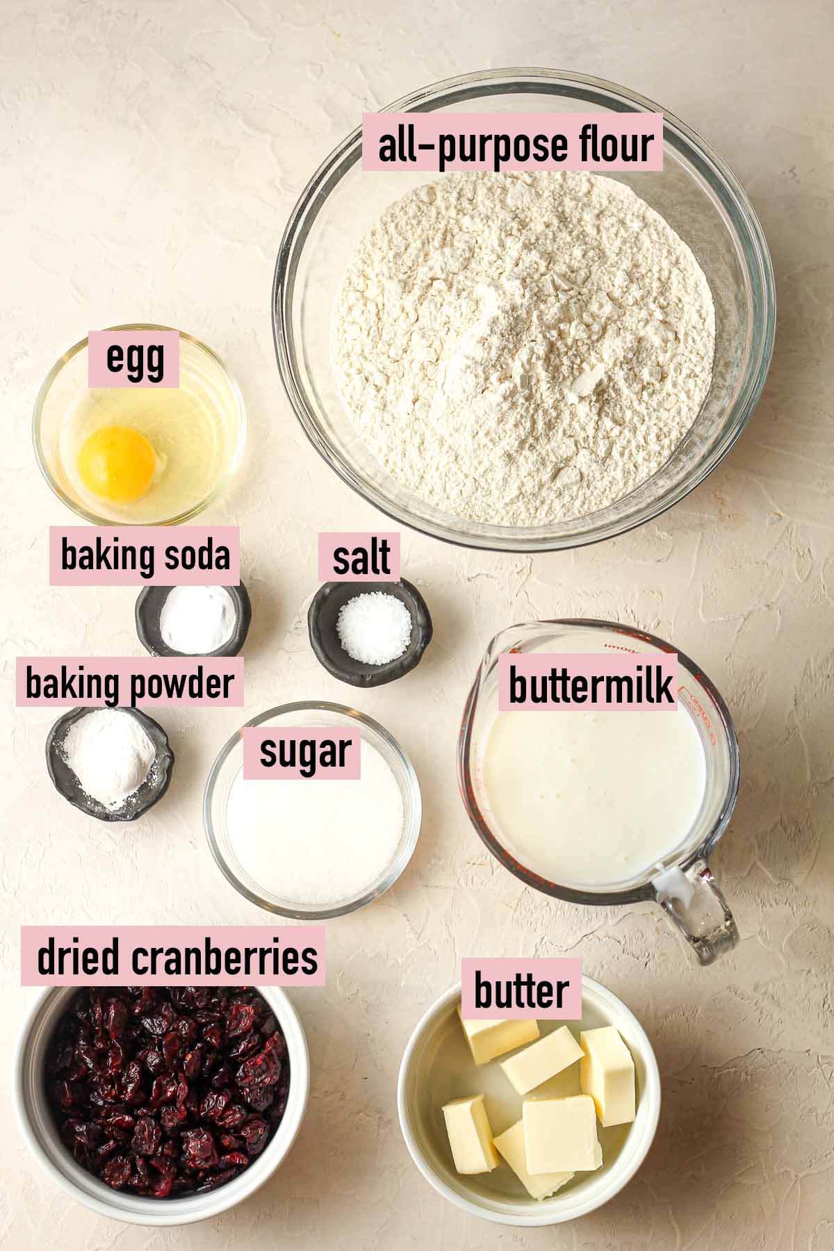 Labeled ingredients for Irish soda bread with cranberries.