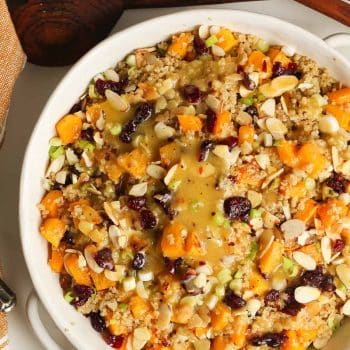 A closeup on butternut squash quinoa salad with craisins.