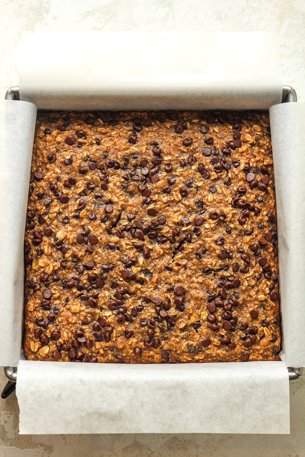 The just baked oatmeal squares with mini chocolate chips.