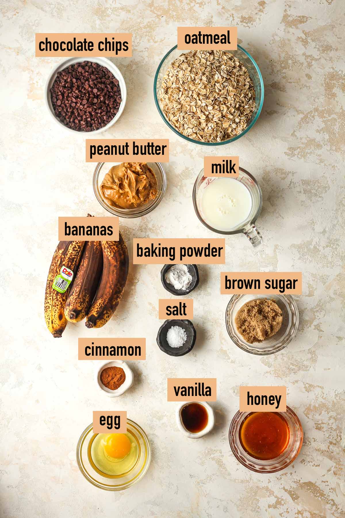 The labeled ingredients for the healthy banana oat bars.