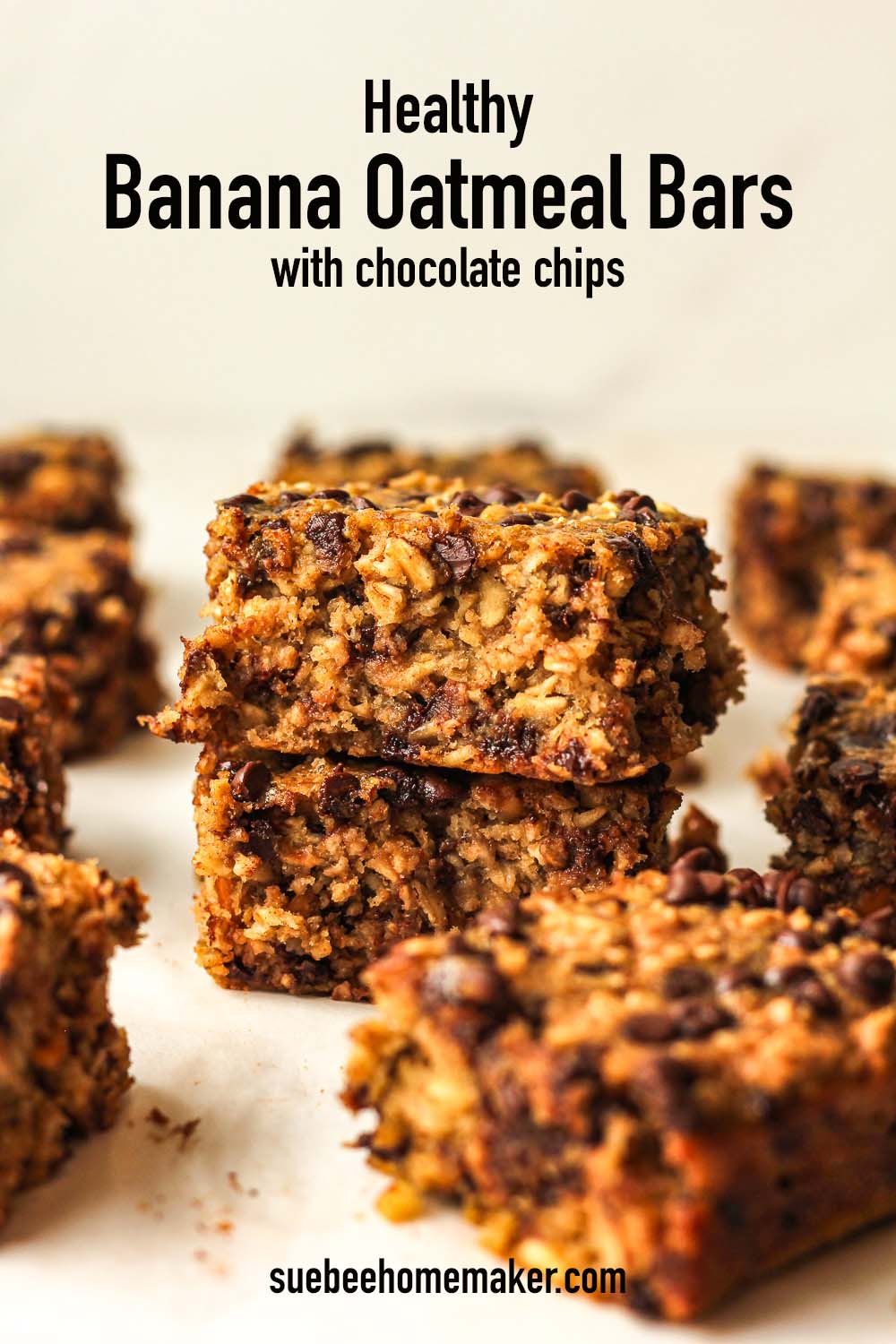 Side view of two stacked banana oatmeal bars.