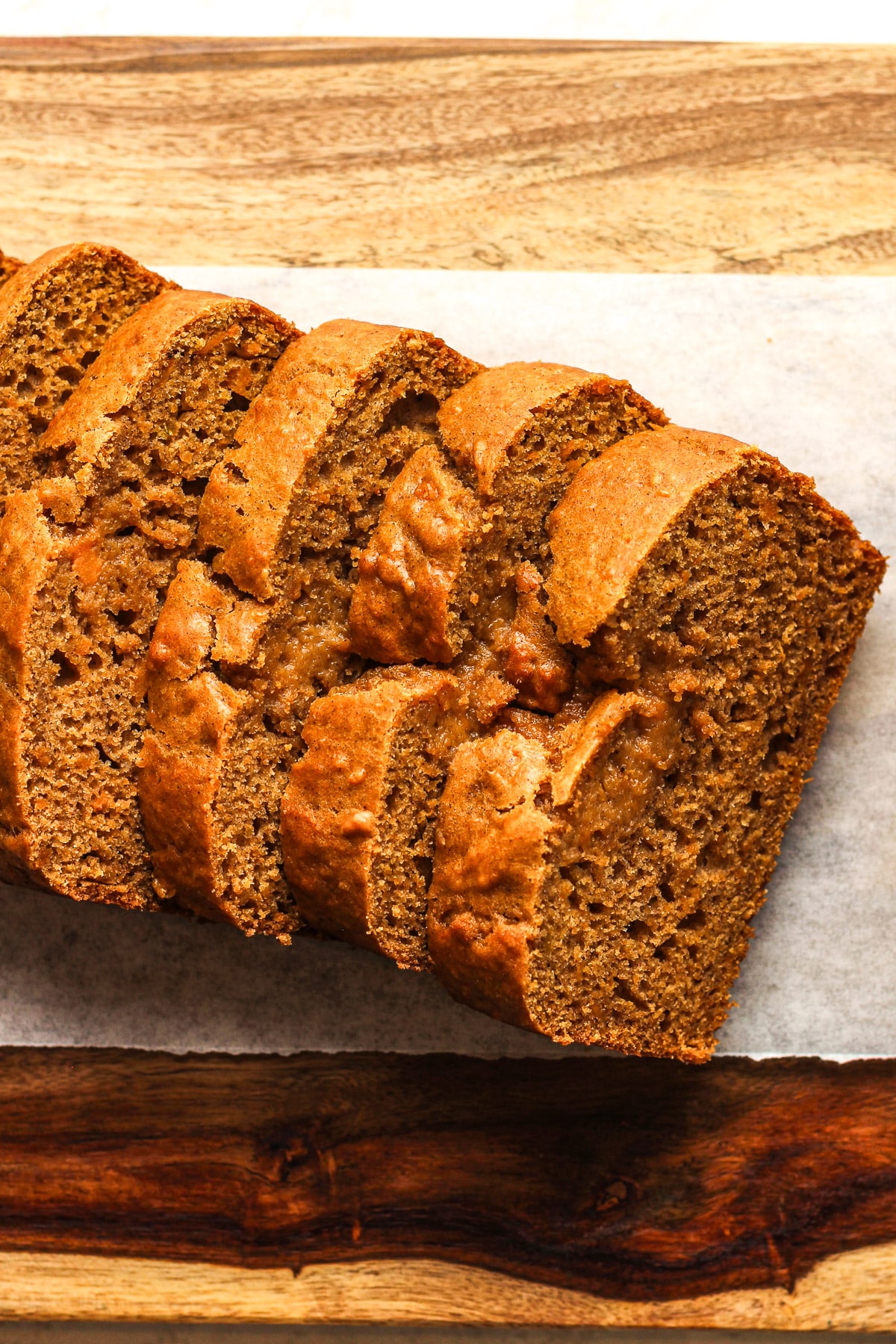 Overhead view of sliced sweet potato bread.
