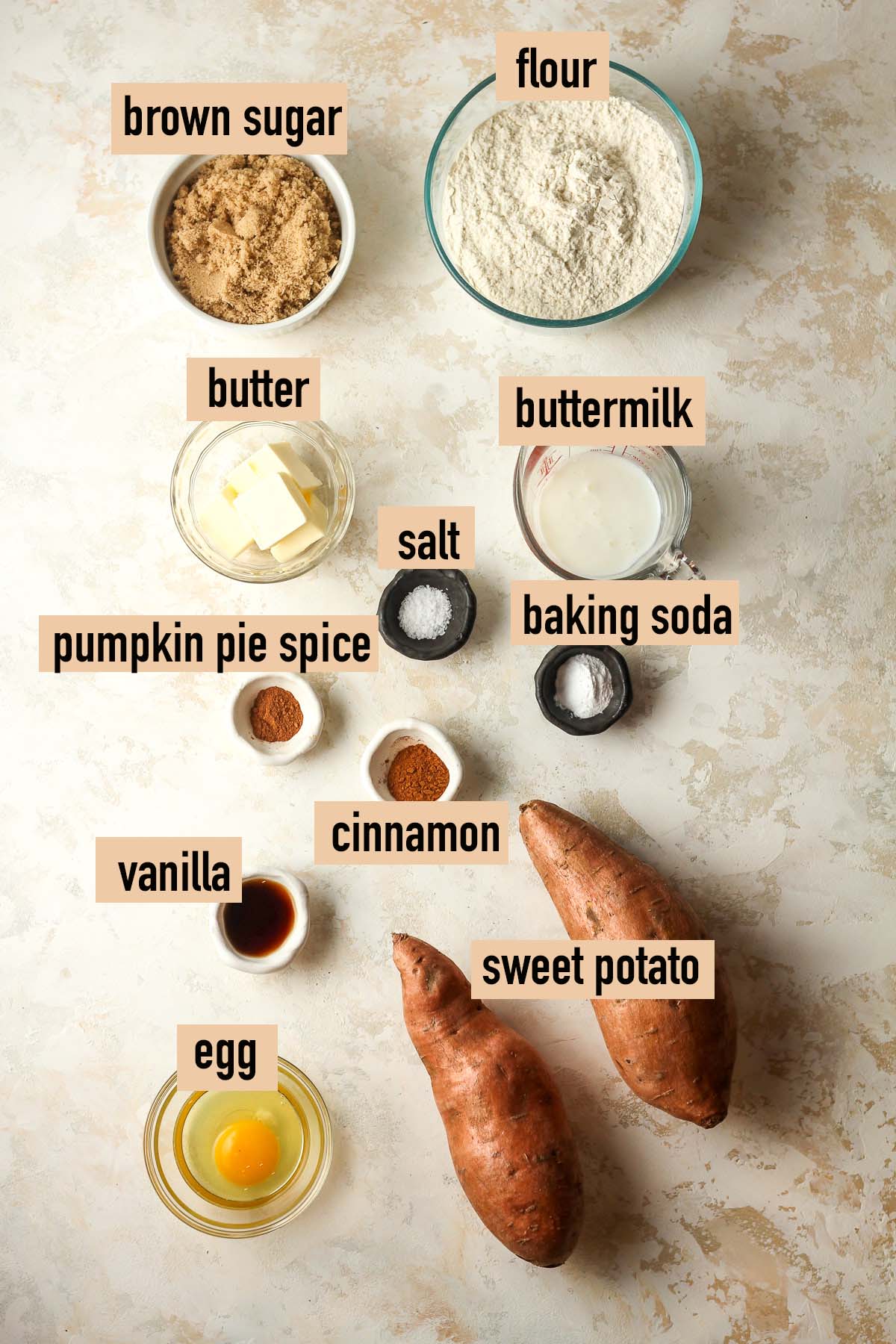 Labeled ingredients for sweet potato bread.