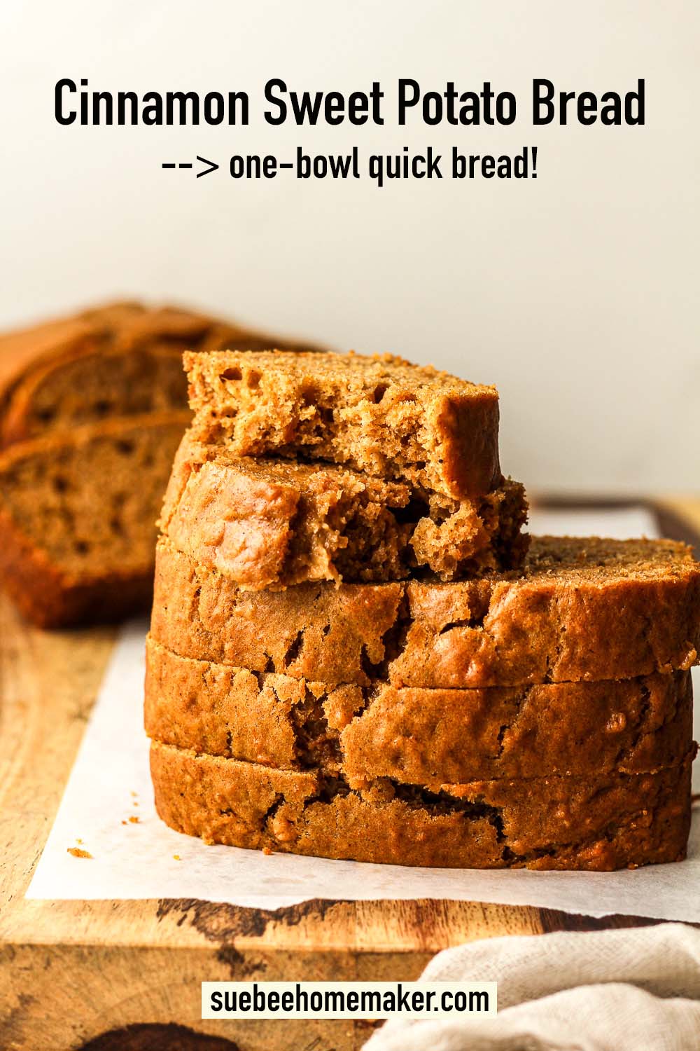 Side view of stacked cinnamon sweet potato bread.
