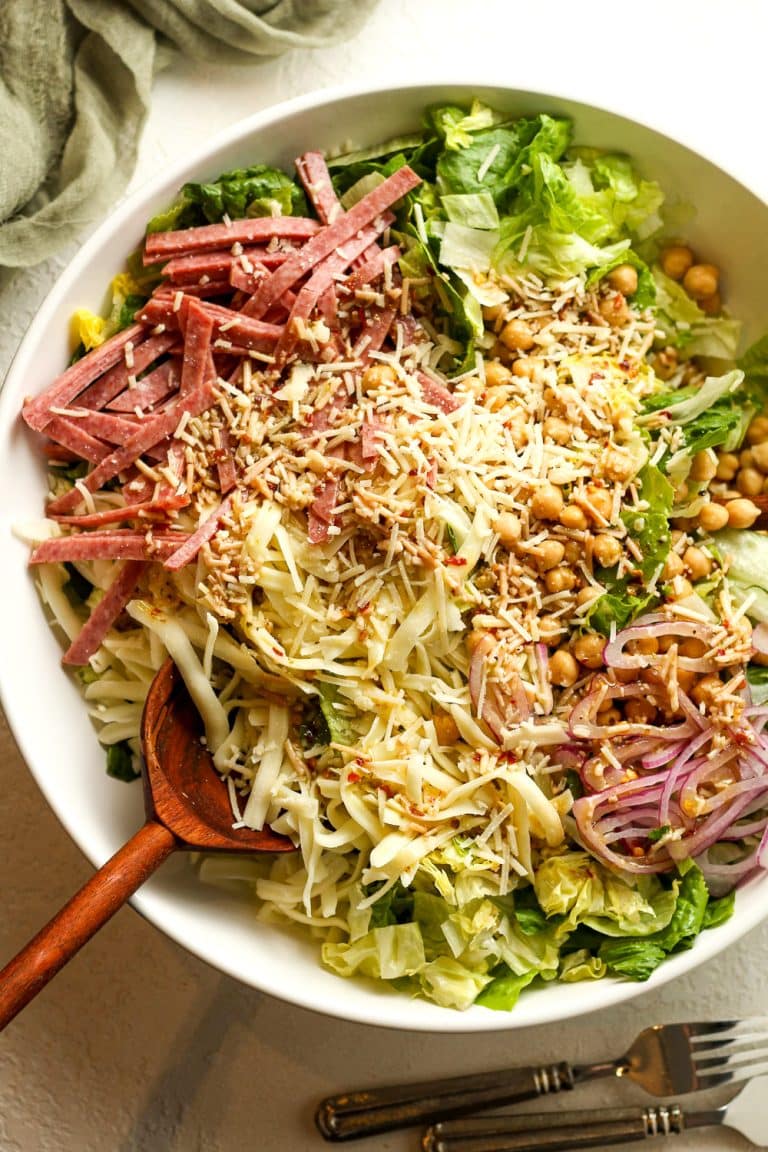Overhead view of a large round La Scala chopped salad.