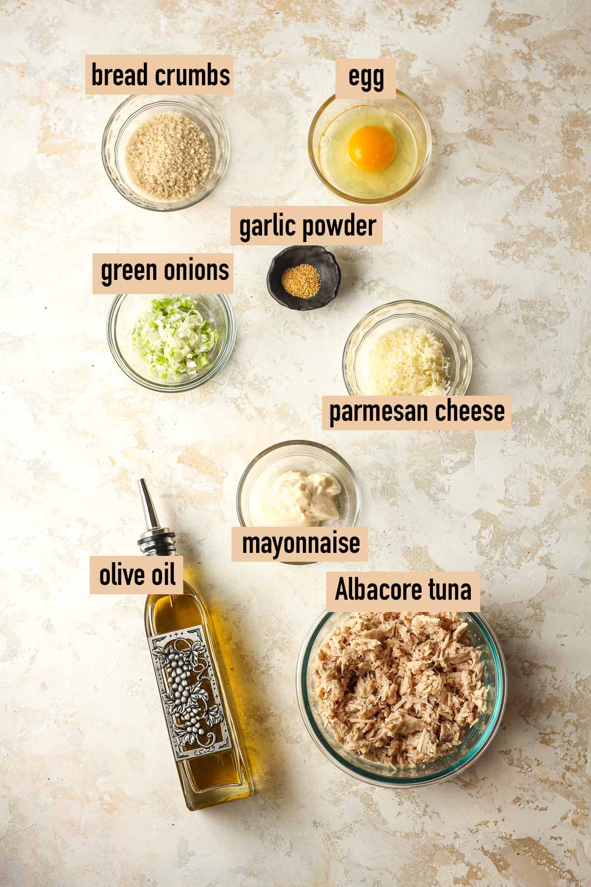Labeled ingredients for tuna patties.