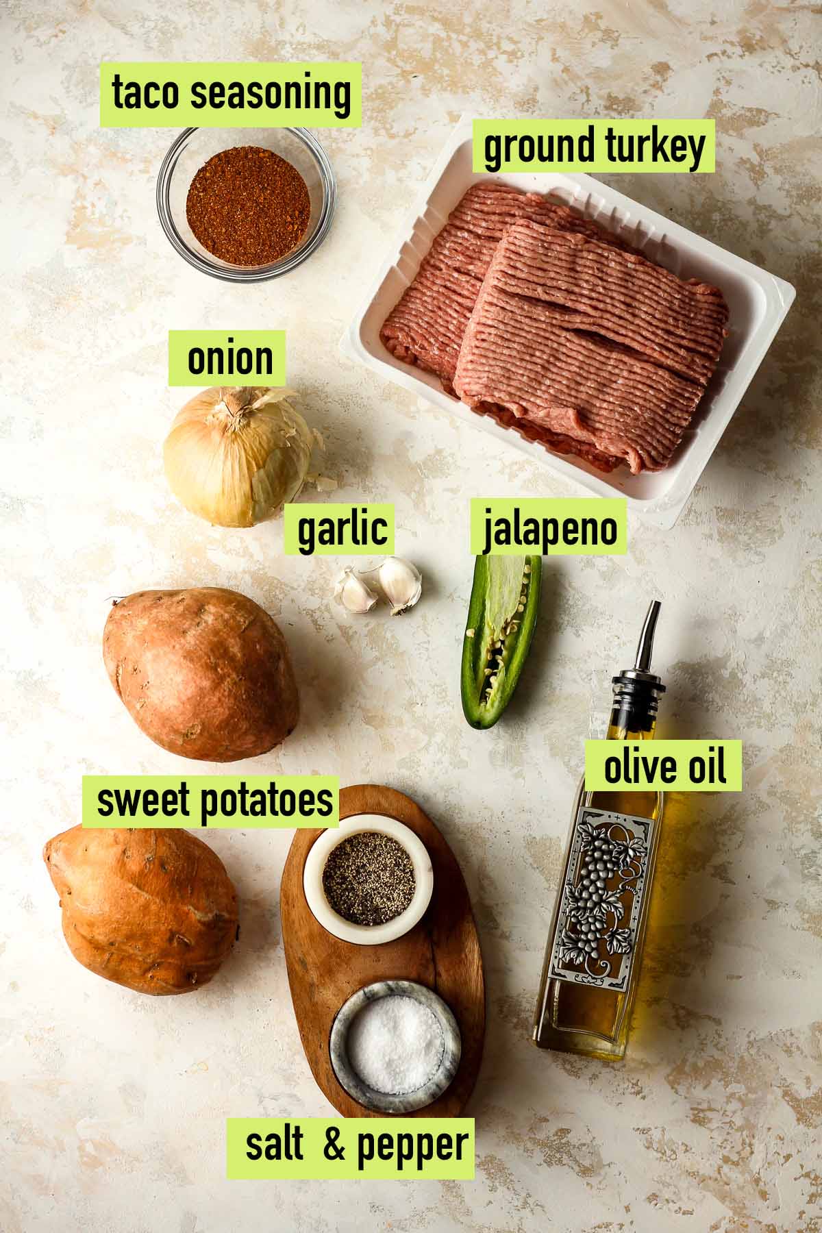 Labeled ingredients for sweet potato turkey bowls.