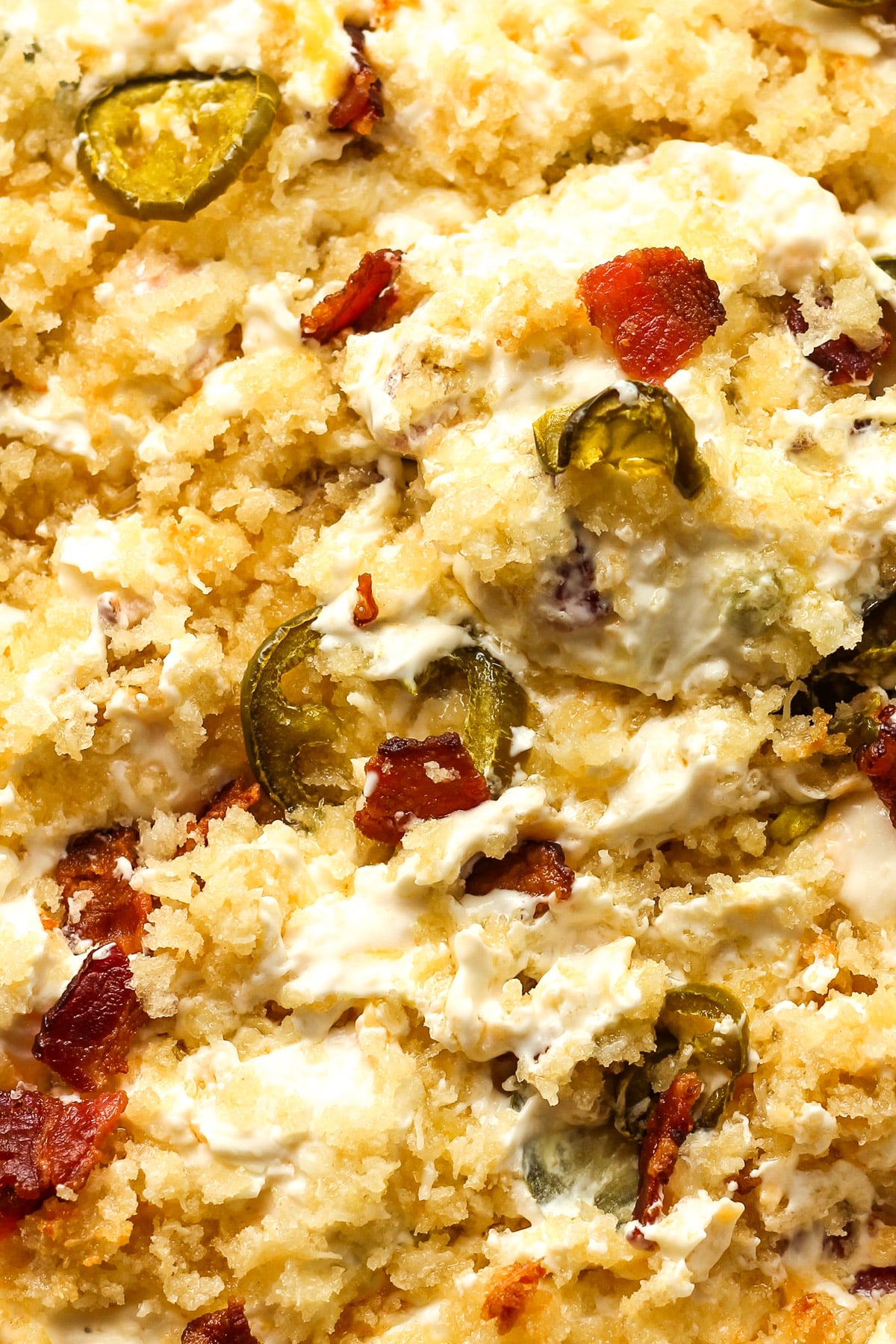 Closeup on jalapeno popper dip.