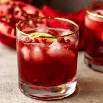 Side view of two gold-rimmed pomegranate mules.