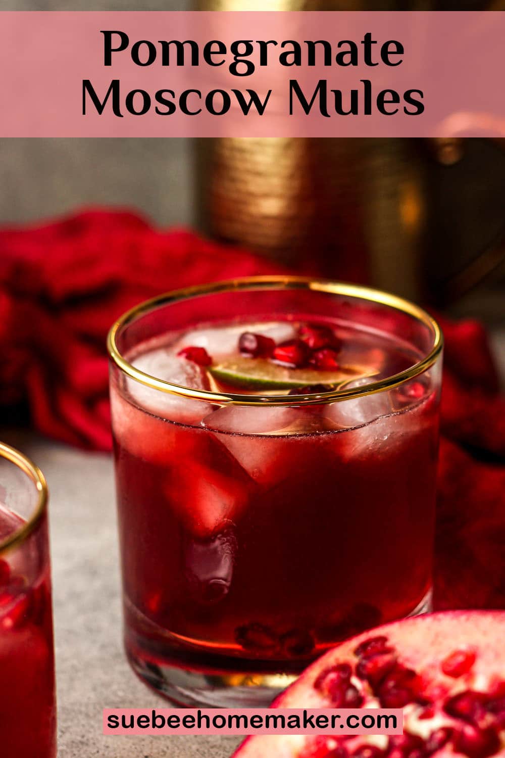 Side view of a pomegranate moscow mule with pomegranate arials.