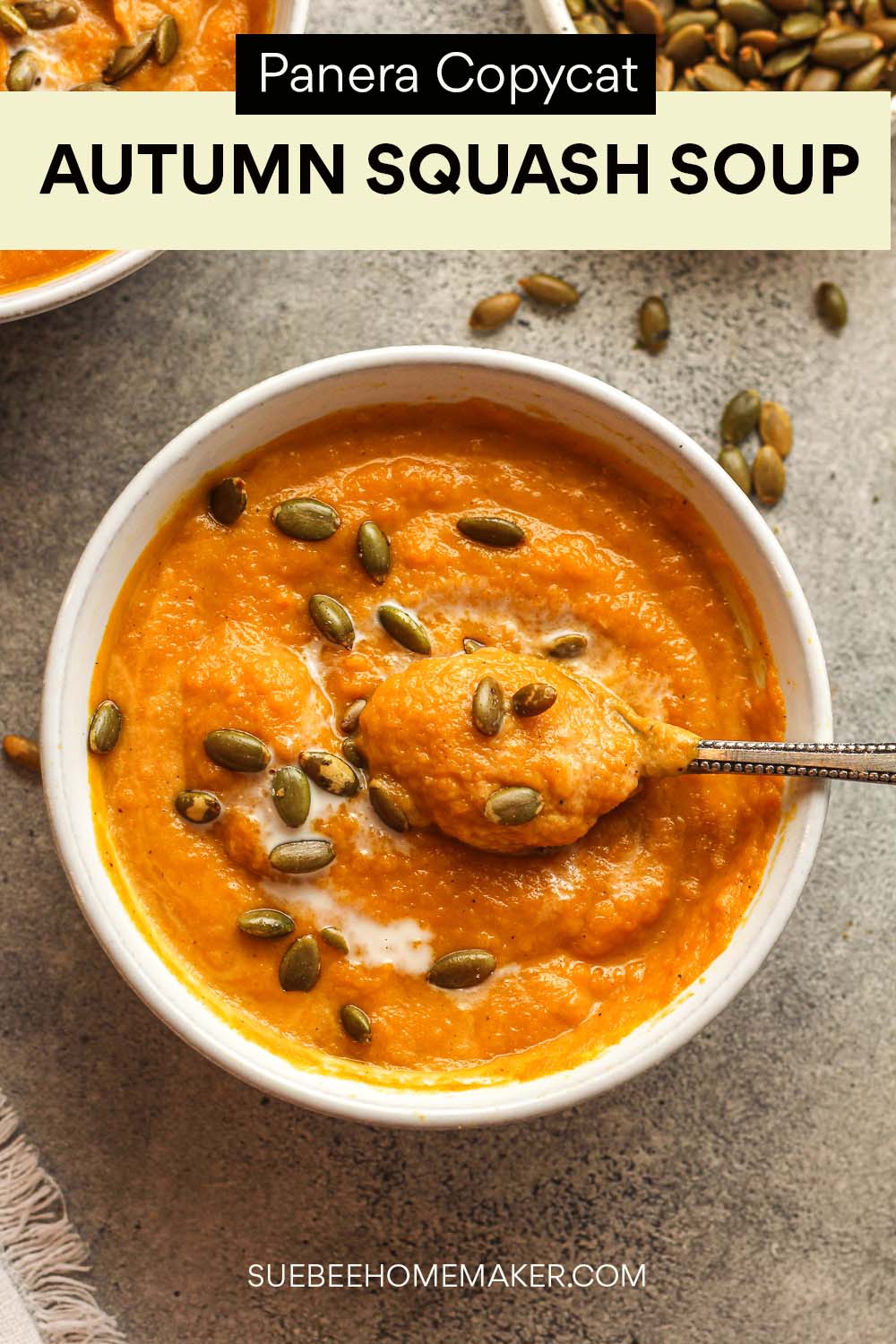 A bowl of Autumn Squash Soup with pepitas.