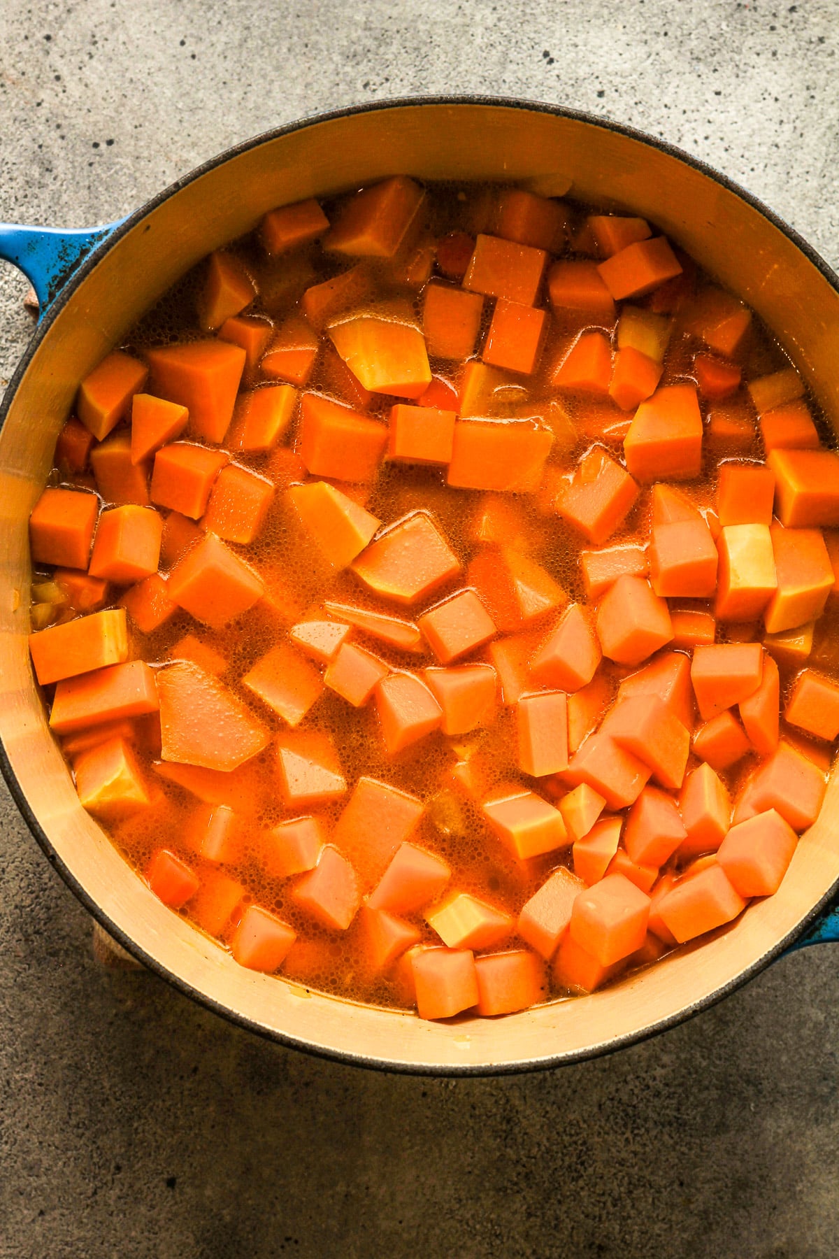 The pot showing the chopped squash on top.
