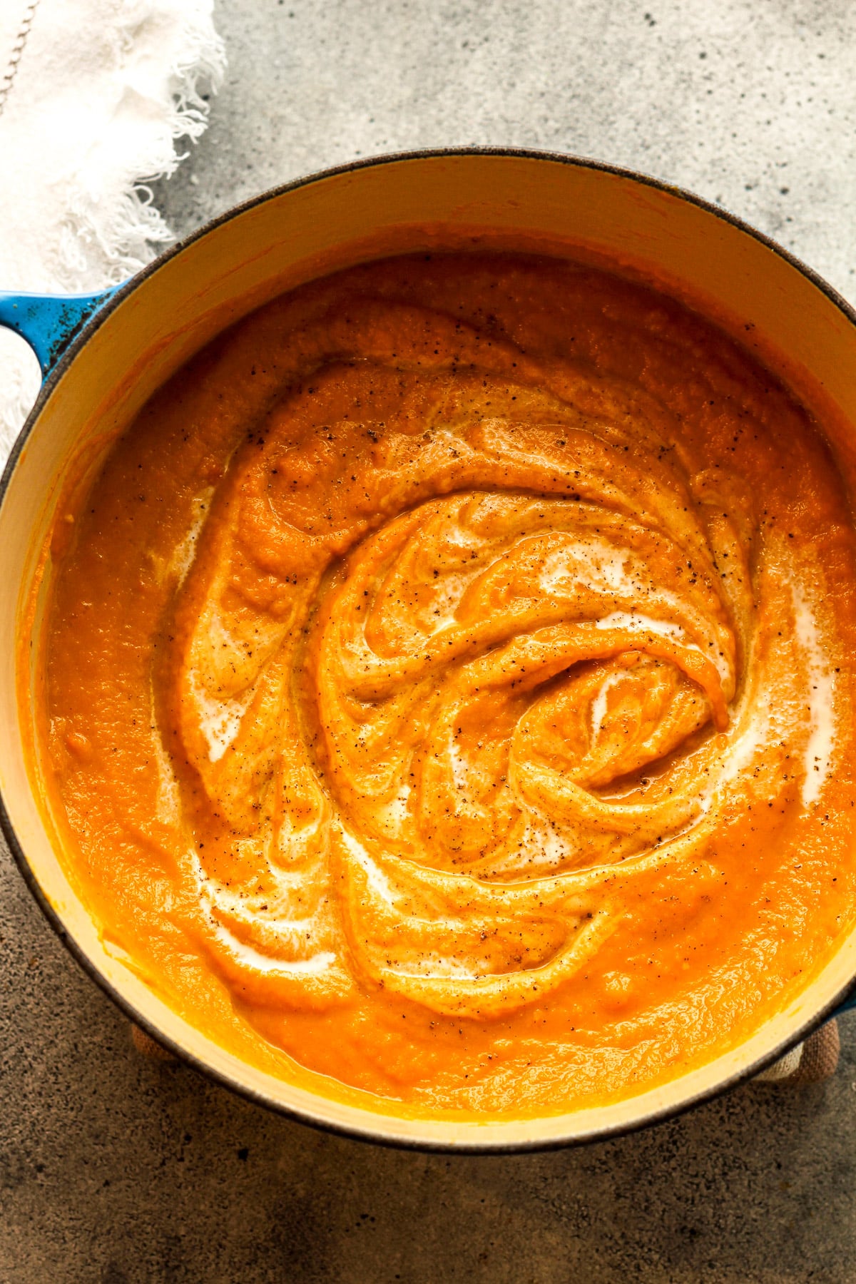 The finished pot of Autumn squash soup.