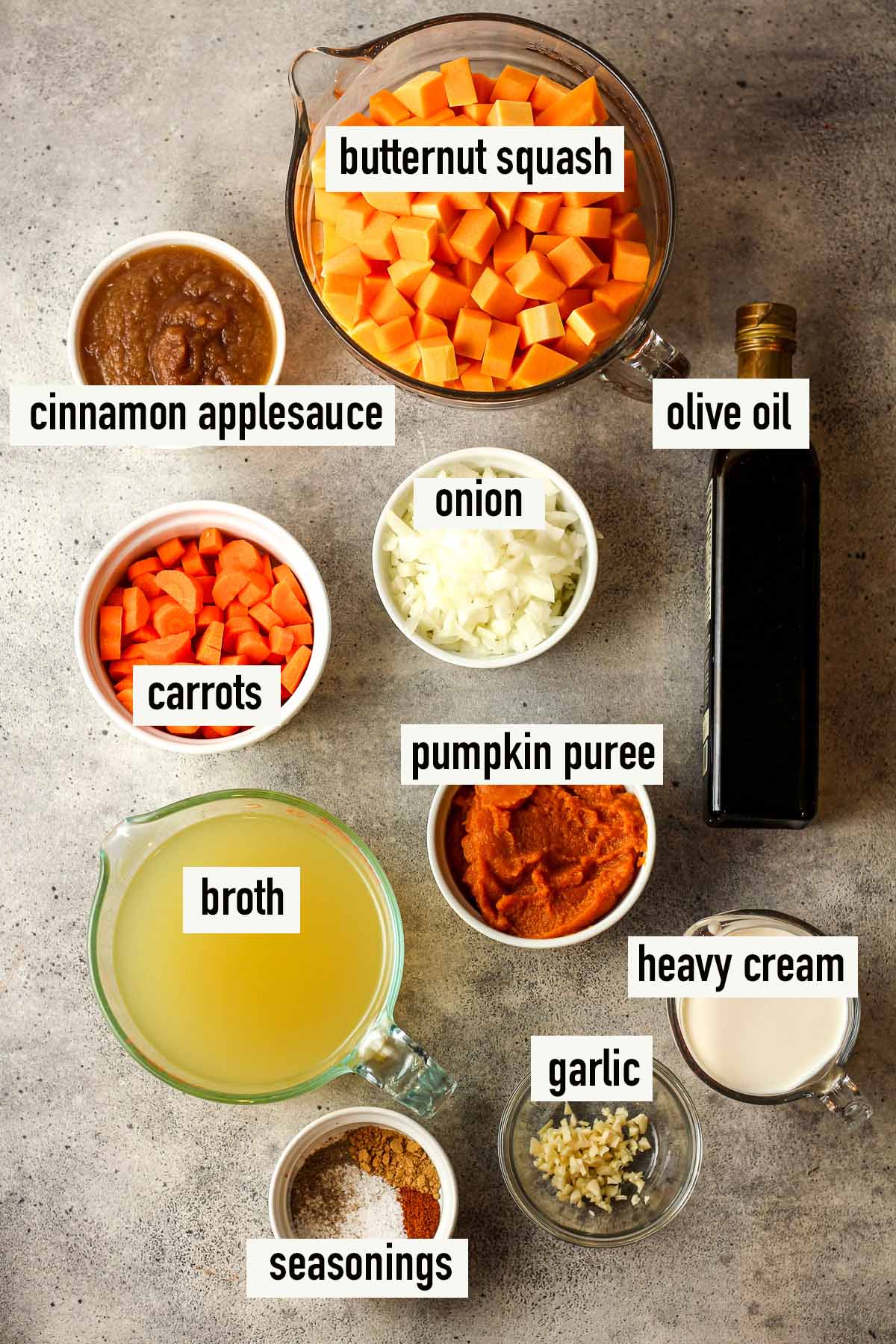 Labeled ingredients for Autumn squash soup.
