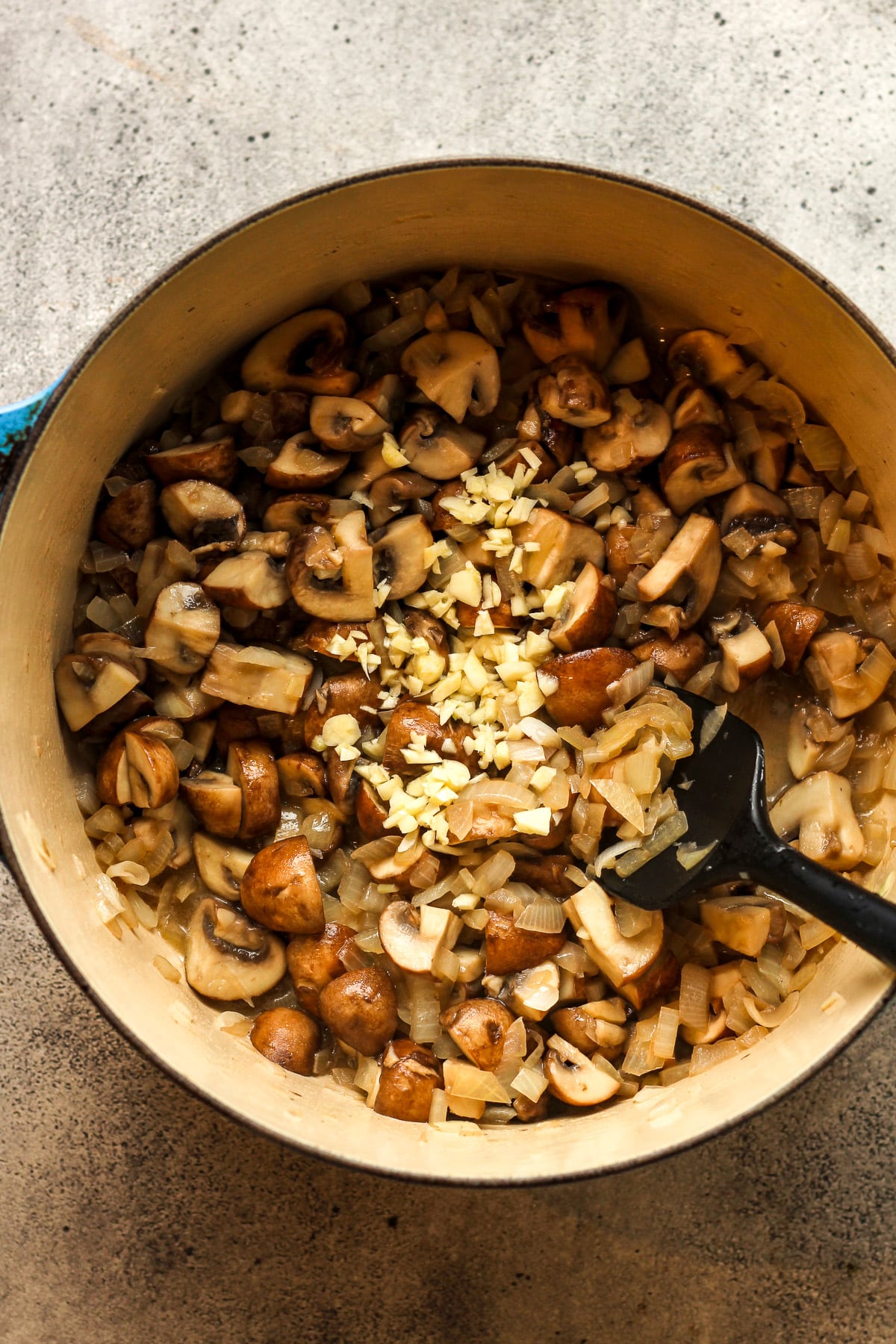 The stock pot after adding the garlic.