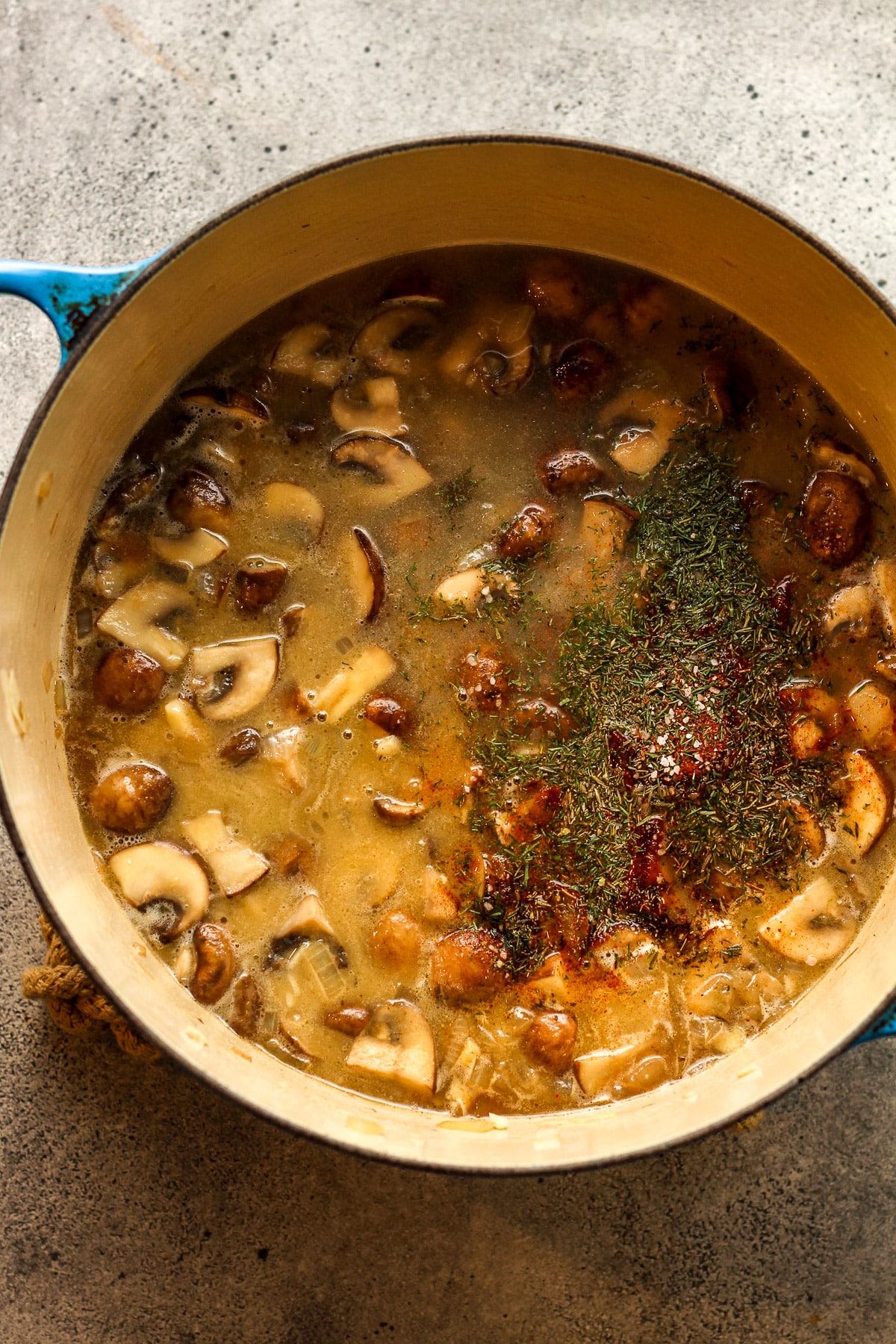 The soup after adding the liquids and seasonings.