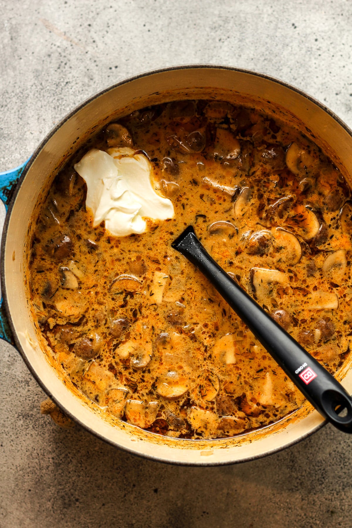 The soup after adding the sour cream.