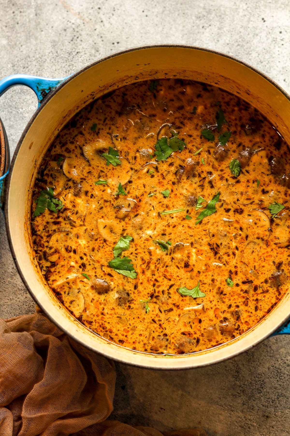 A stock pot of Hungarian mushroom soup topped with cilantro.