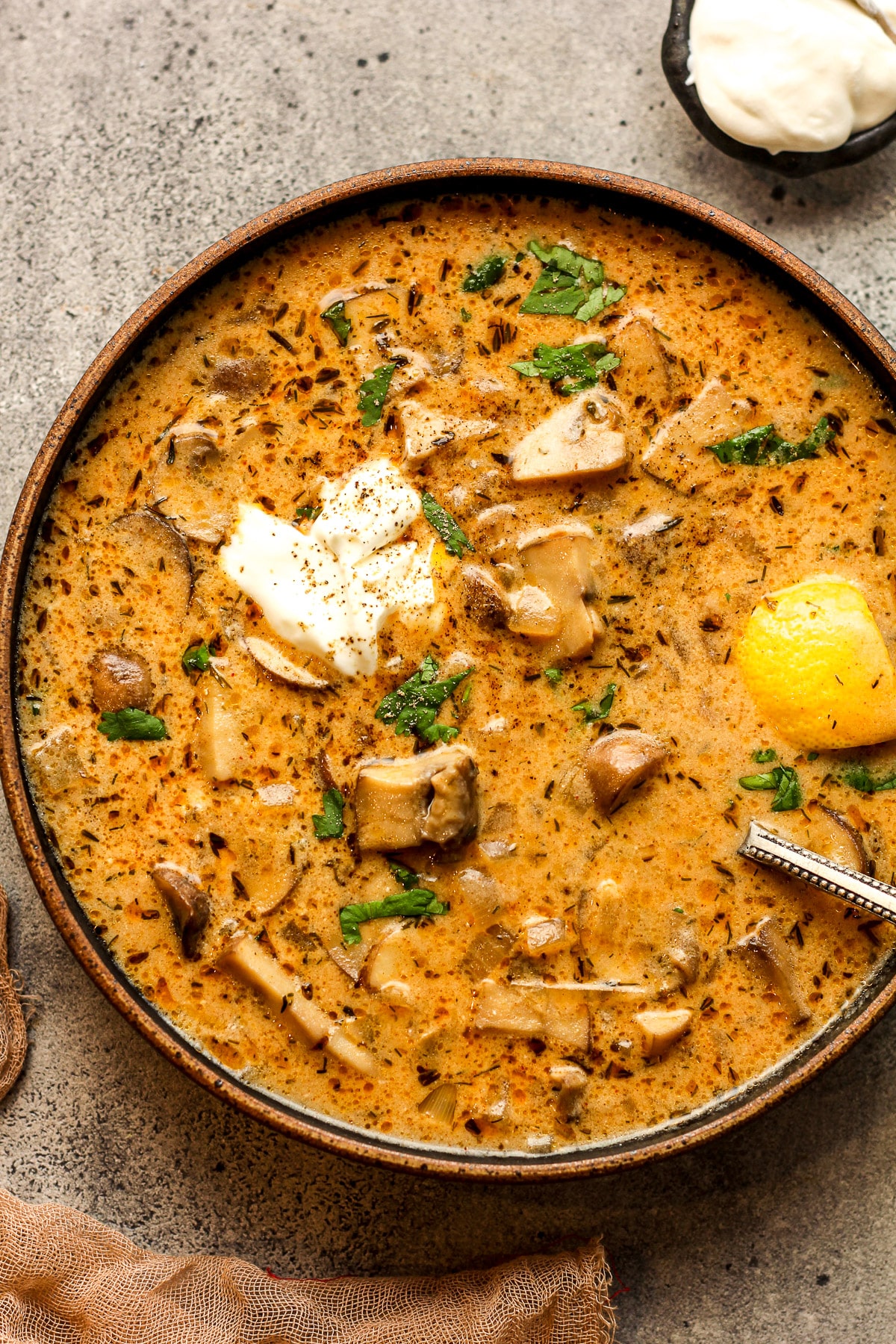 A bowl of Hungarian soup with mushrooms.