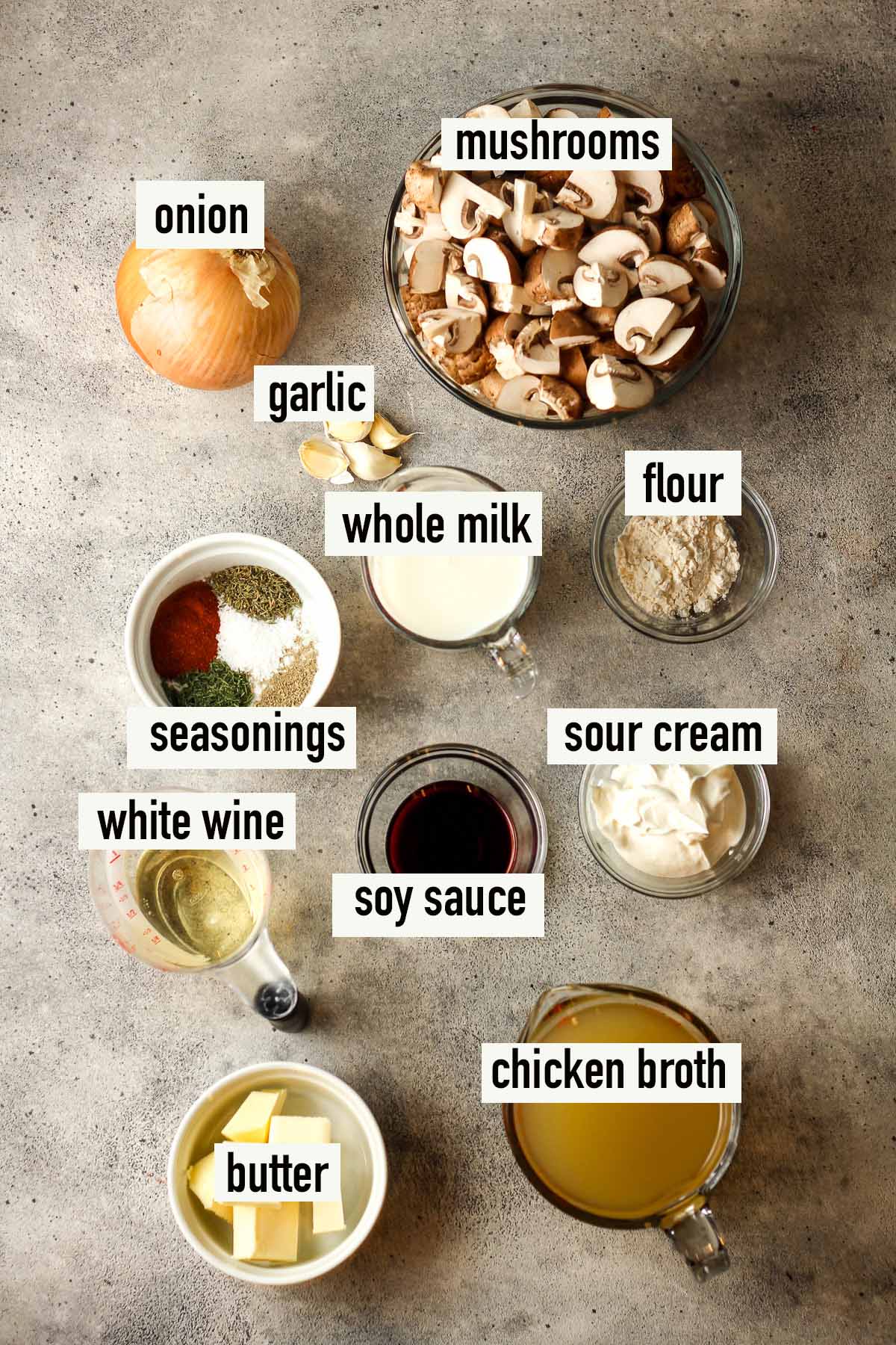 Labeled ingredients for Hungarian mushroom soup.