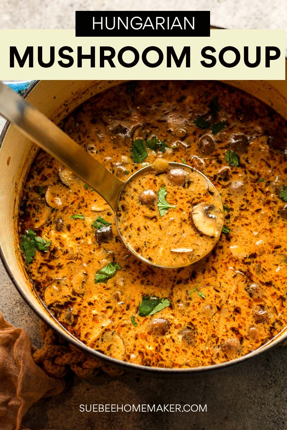 A soup ladle inside a pot of Hungarian mushroom soup.