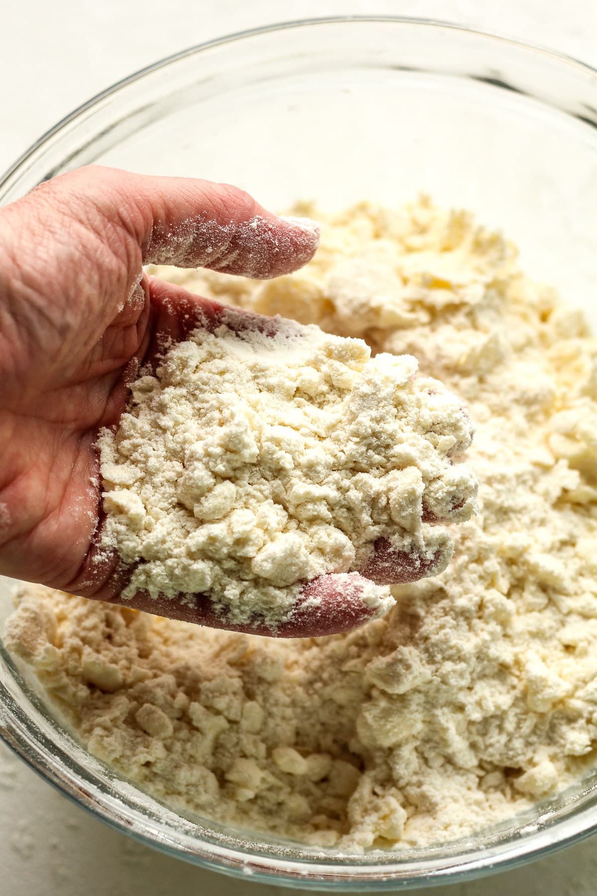A bowl of the pie crust dough before adding cold water.