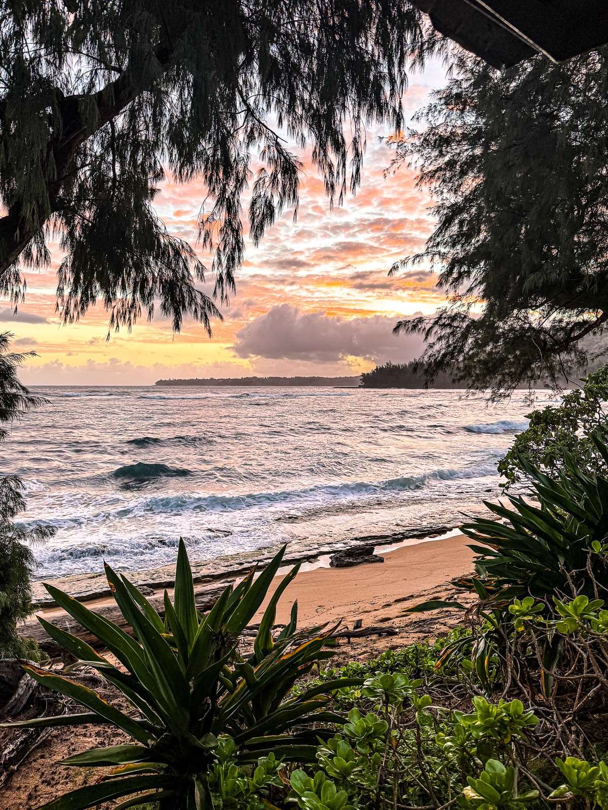 A morning view of the ocean and beach with pretty clouds.