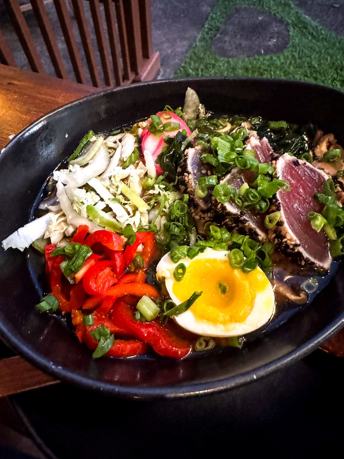 A plate of ahi ramen at ANA.