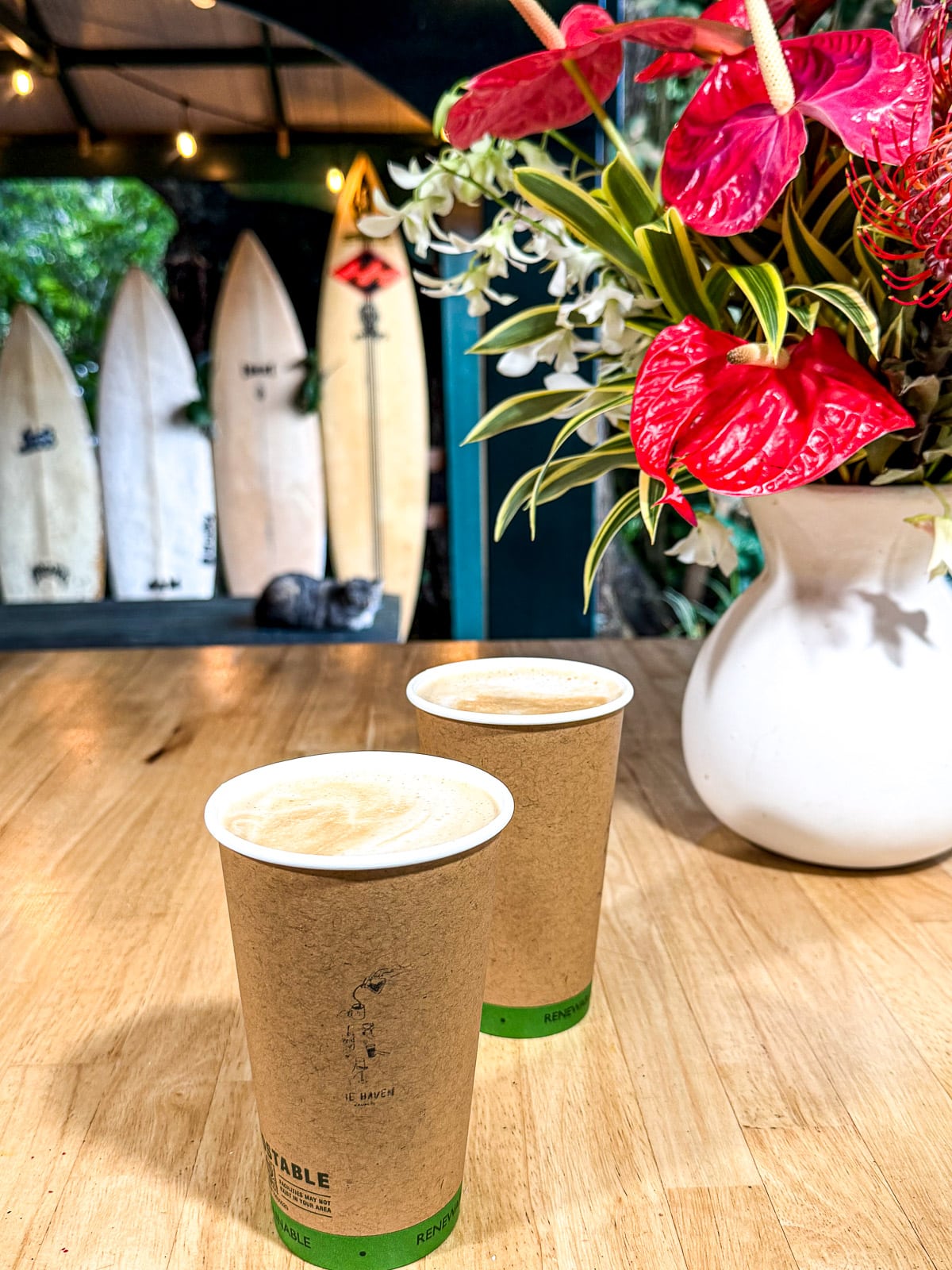 Two coffees at Haven coffee shop in Kauai.