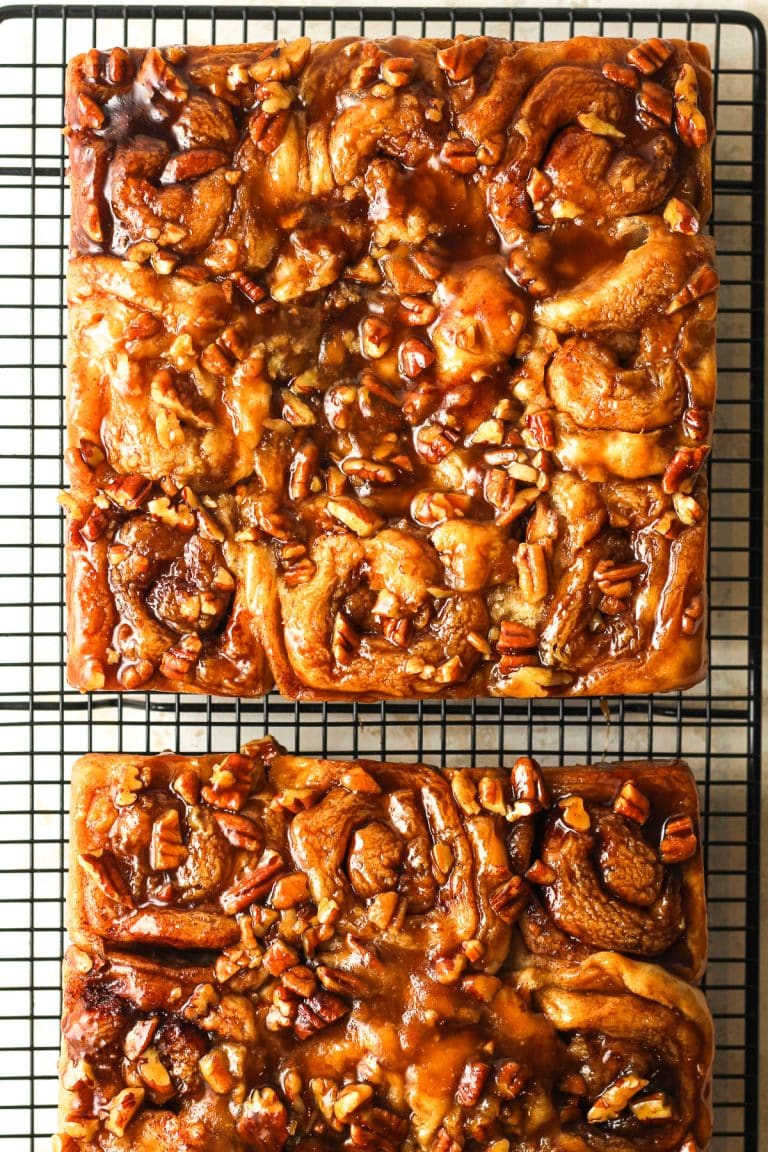Two square sections of old fashioned sticky buns.