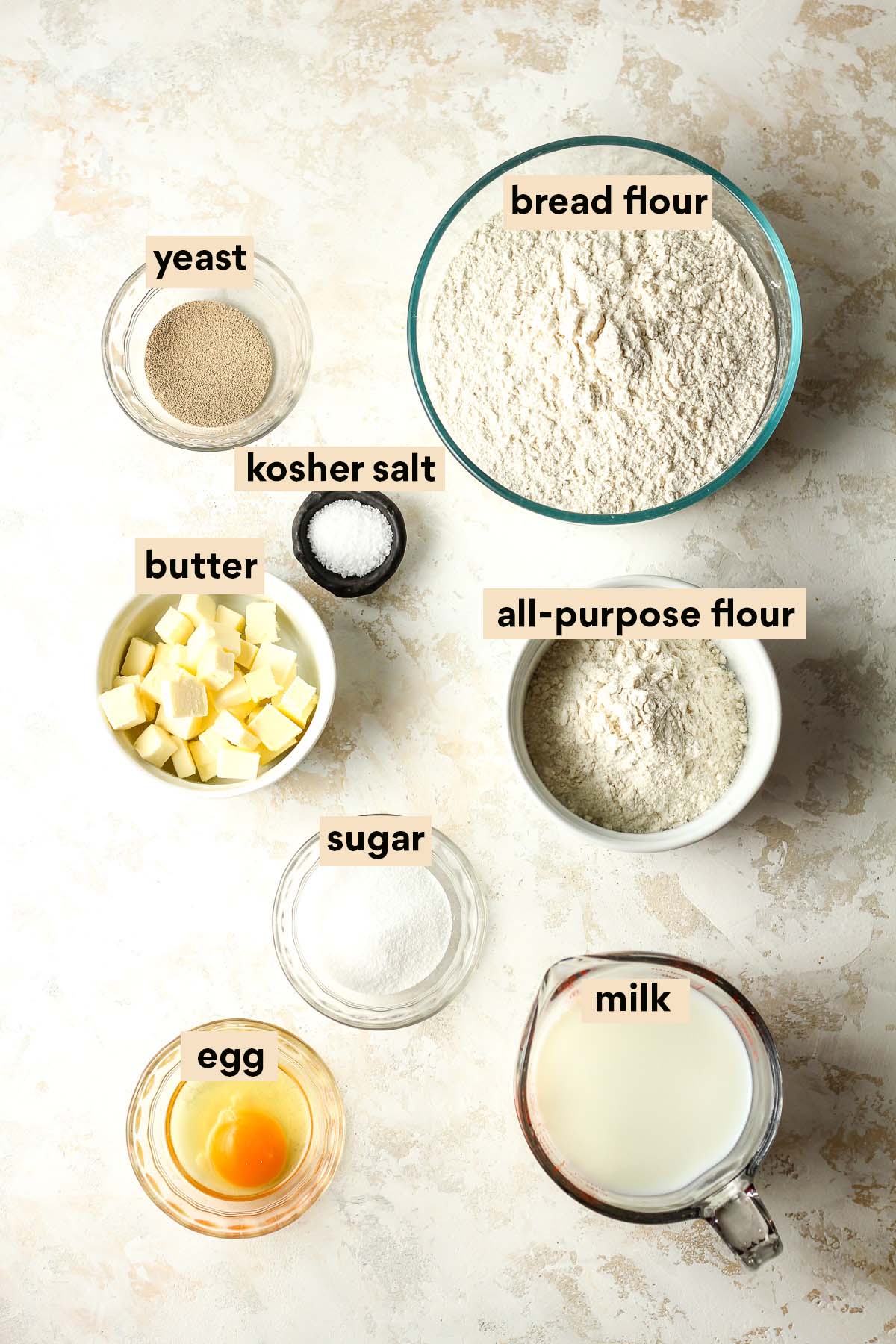 Labeled ingredients for the kolache dough ingredients.