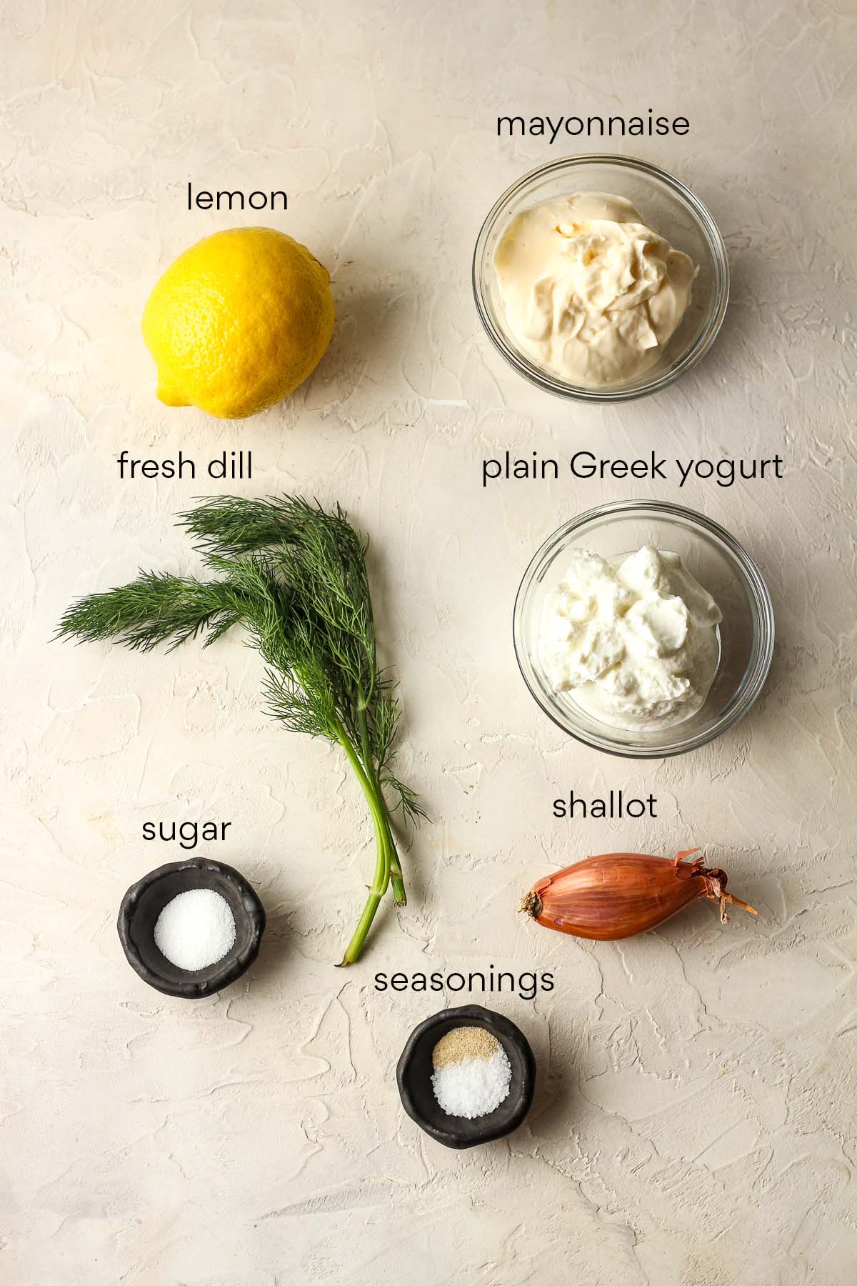 Labeled ingredients for the lemon dill sauce.