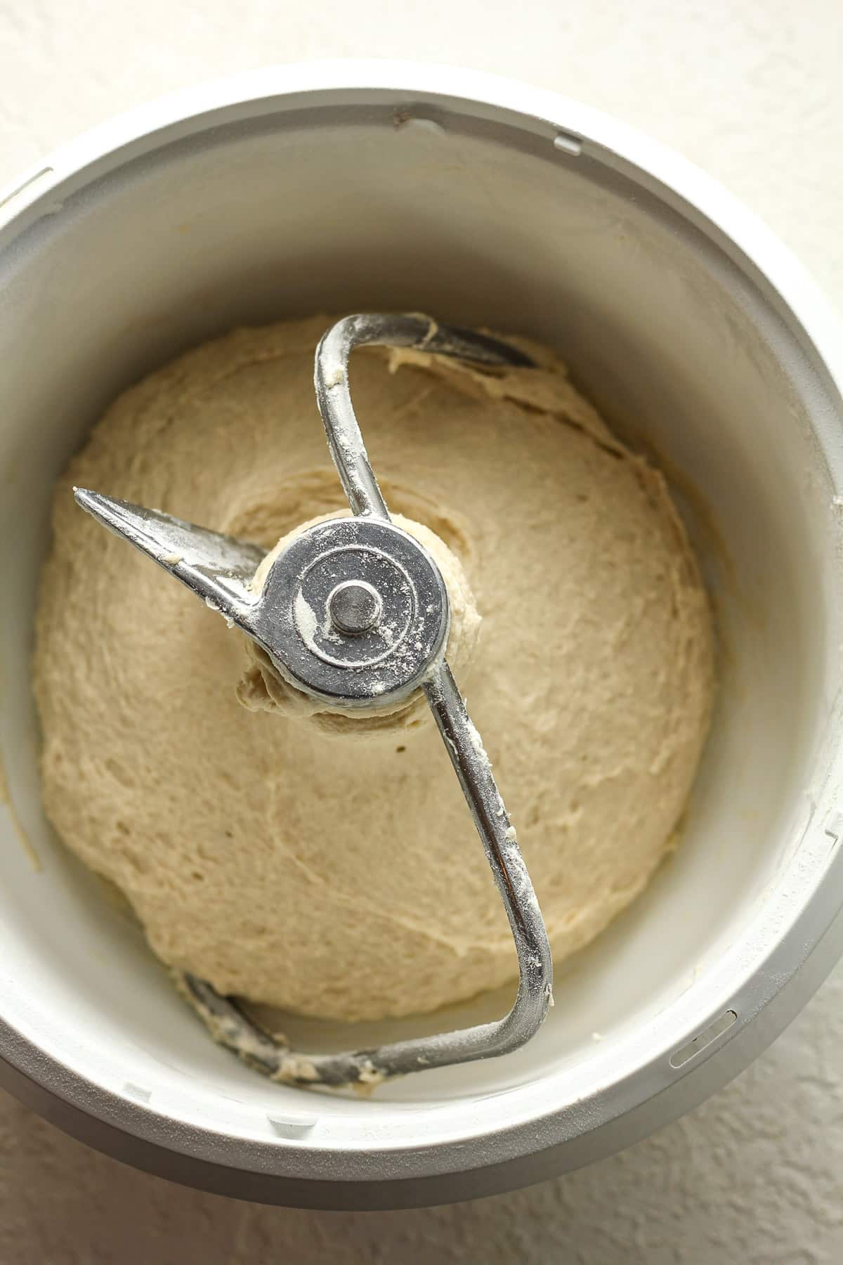 A mixer with the pretzel dough.