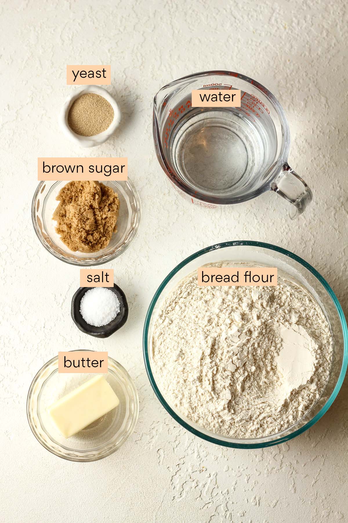 Labeled ingredients for pretzel buns.
