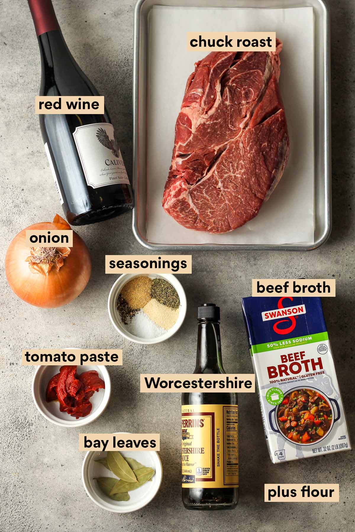 Labeled ingredients for the red-wine braised beef.