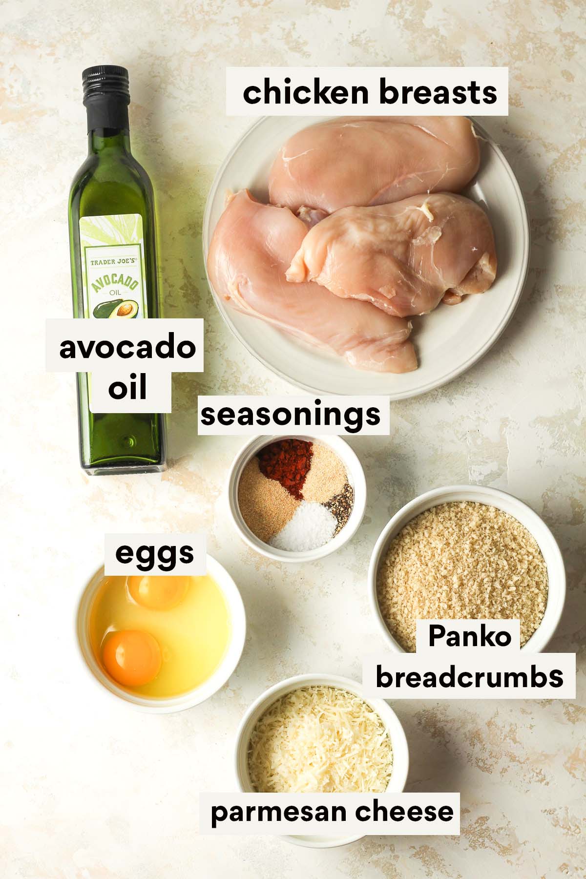 Labeled ingredients for the Panko chicken cutlets.