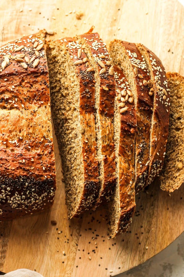 Overhead view of sliced copycat seeduction bread.