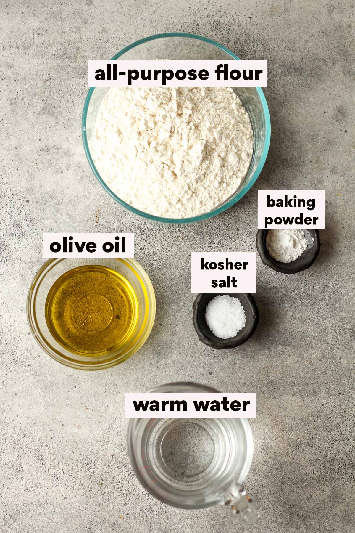 Labeled ingredients for homemade soft flour tortillas.
