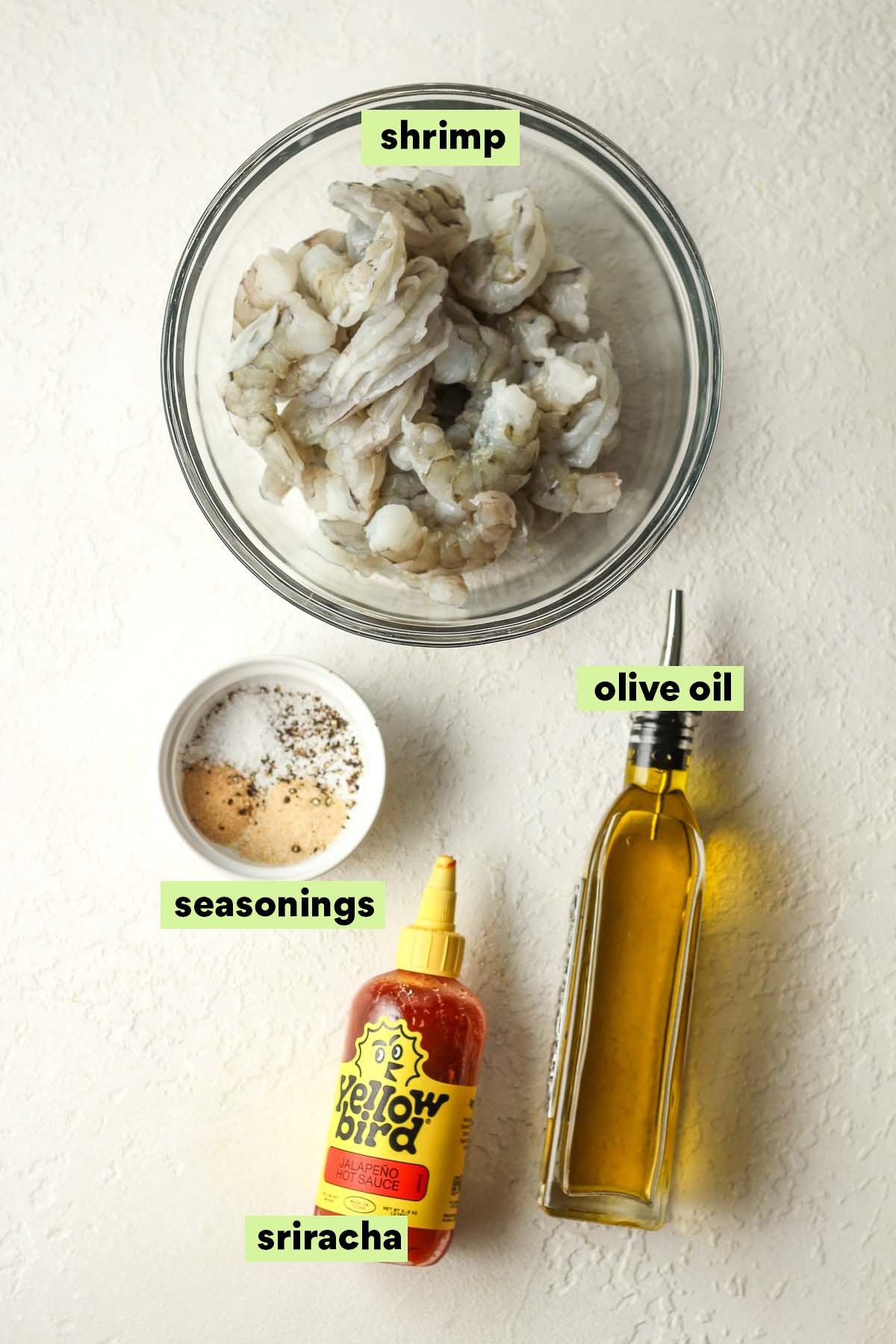 The shrimp plus marinade ingredients, labeled.